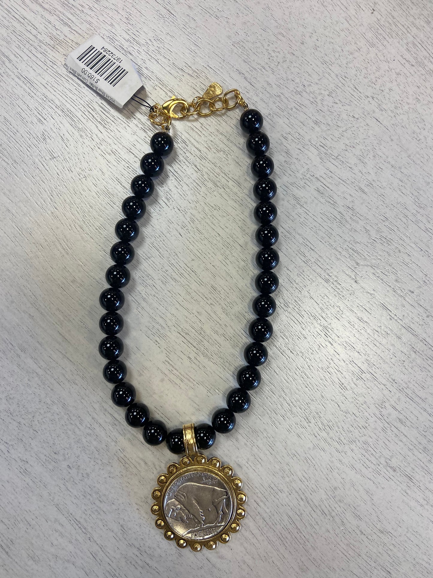 YOCHI Silver Buffalo Coin with Black Pearl Necklace