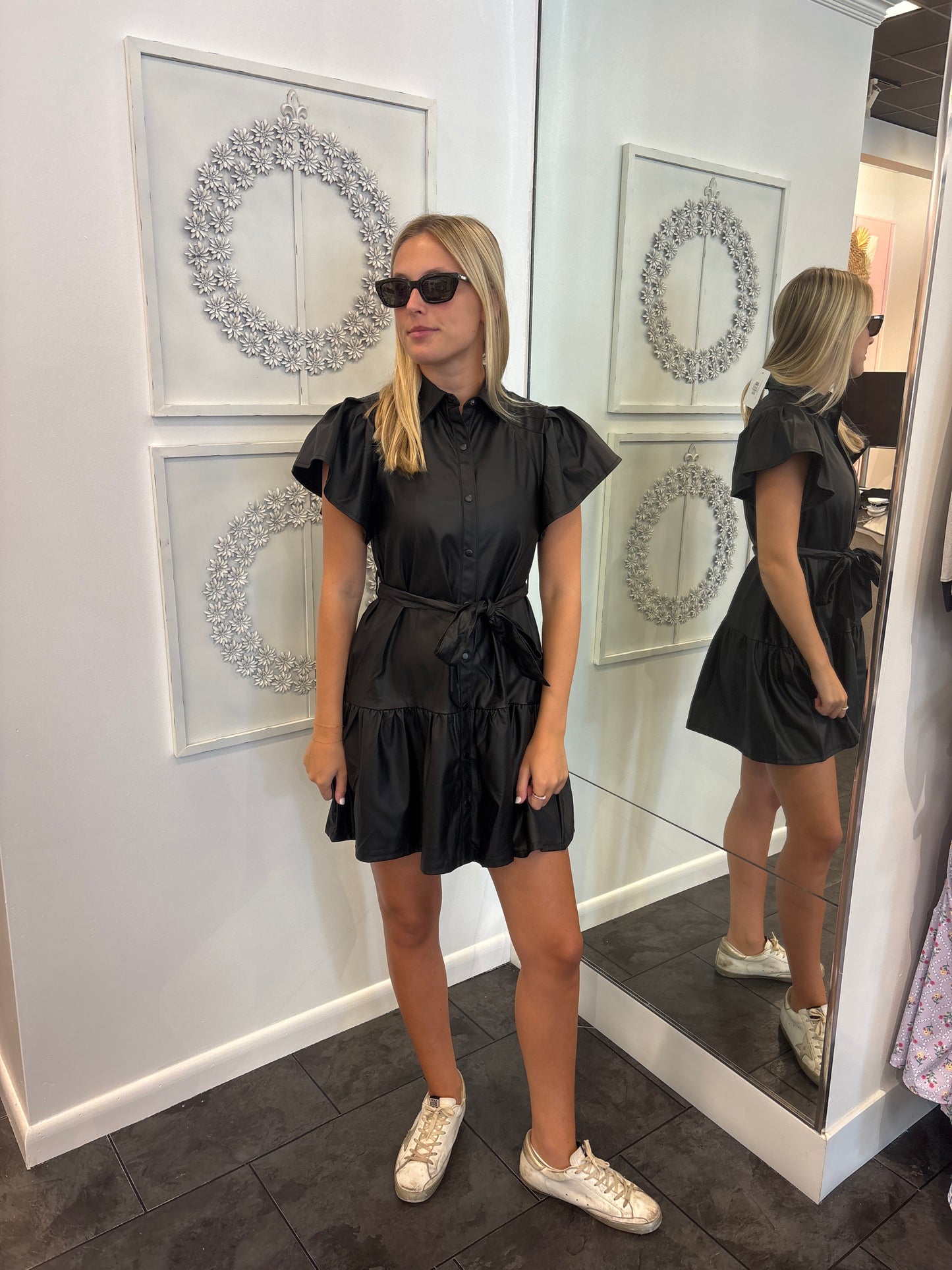 Black Faux Leather Short Sleeve Belted Dress