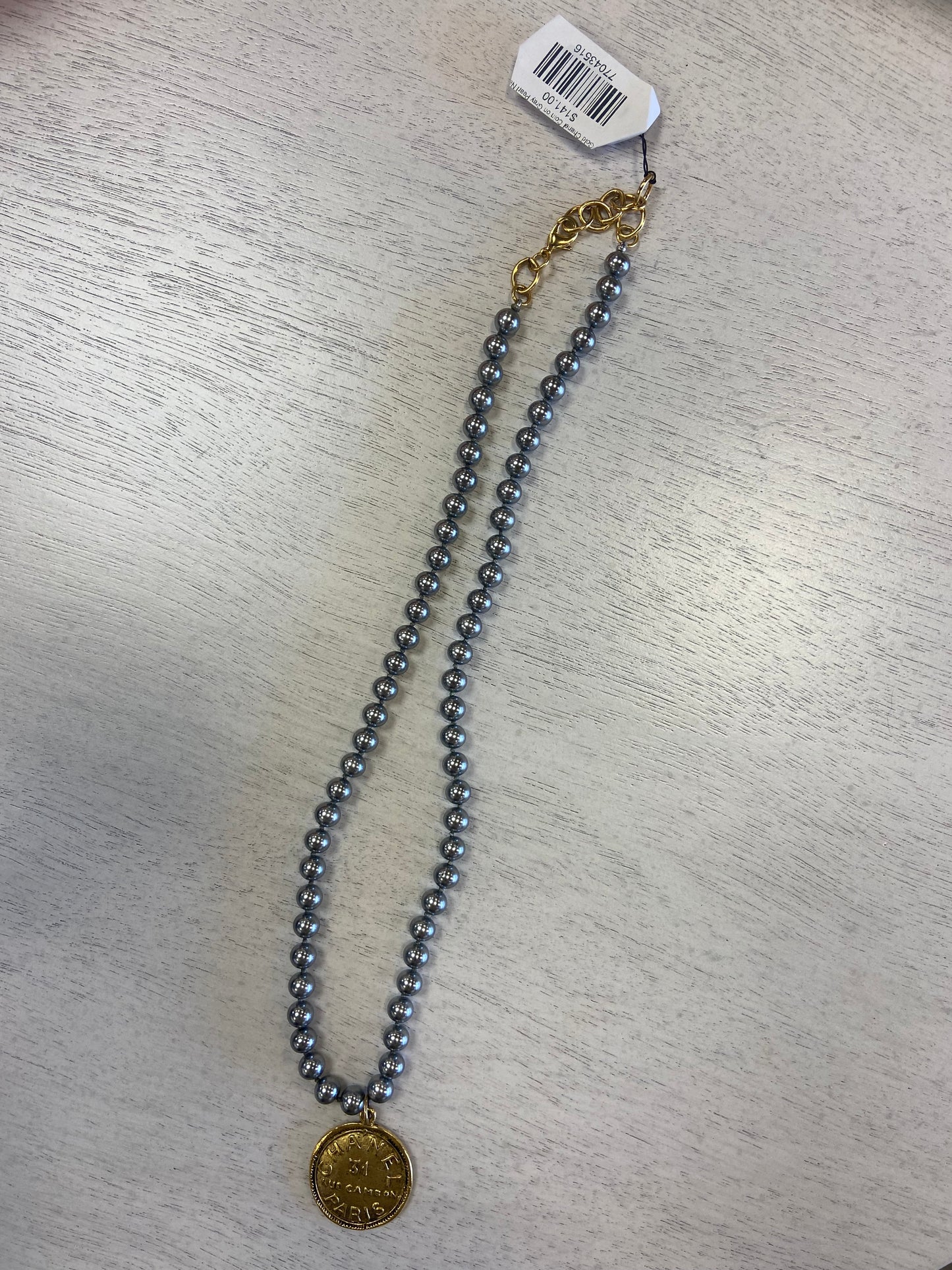 YOCHI Gold Chanel Coin on Gray Pearl Necklace