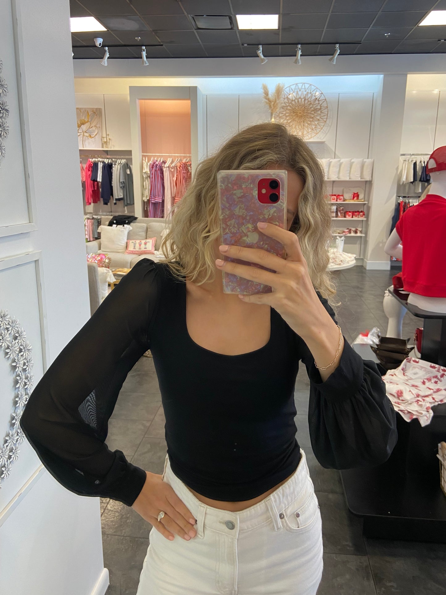 Double Layer Knit Top with Sheer Sleeve