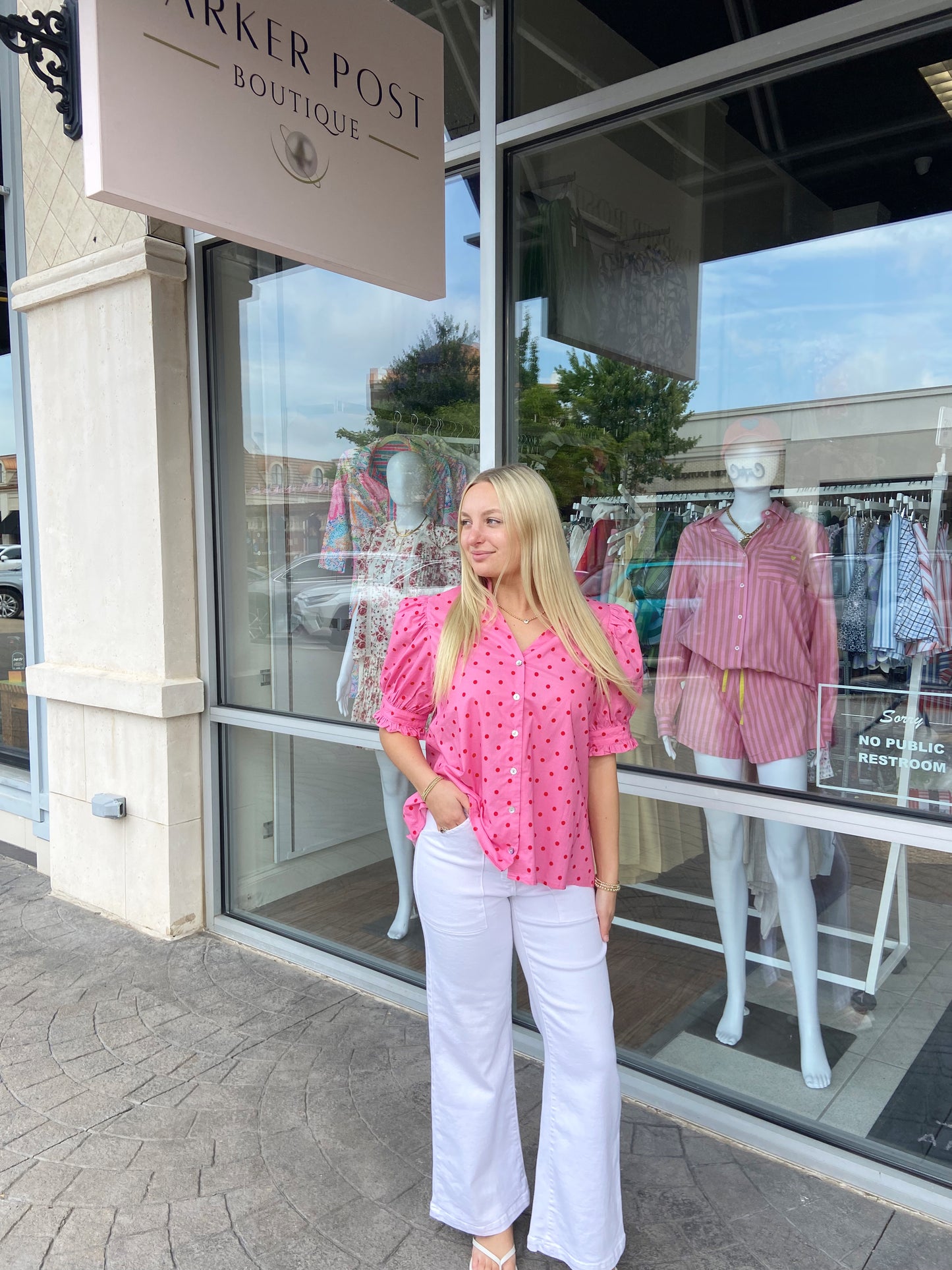 Felicity Pink With Red Dot Button Up Blouse