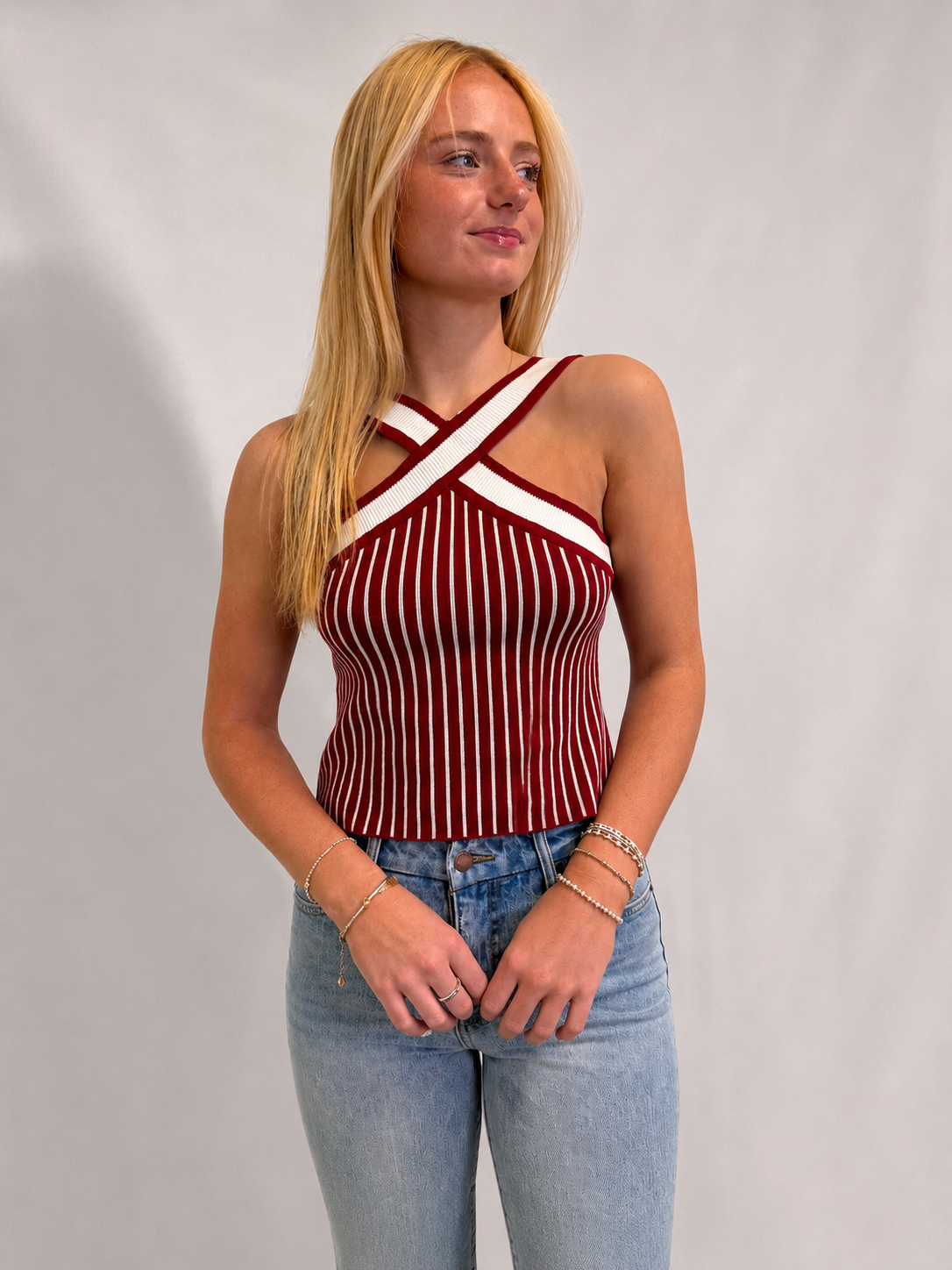 Robinette Crimson/White Halter Sweater