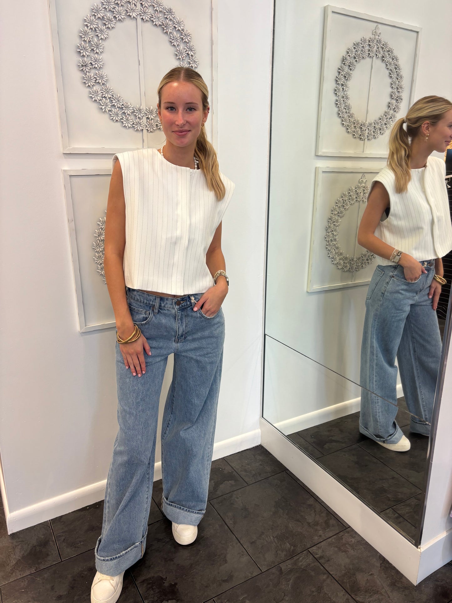 Adriane White with Black Stripe Vest