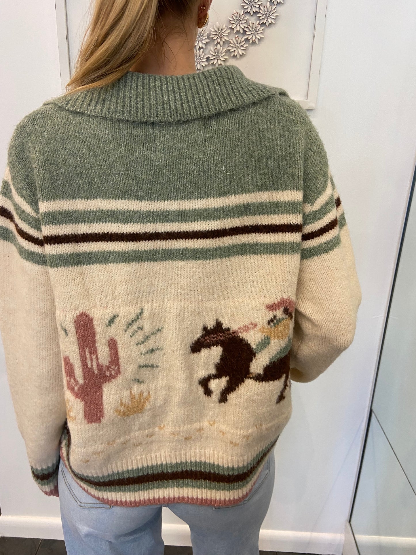Cactus Green and Cream Zip Up Sweater