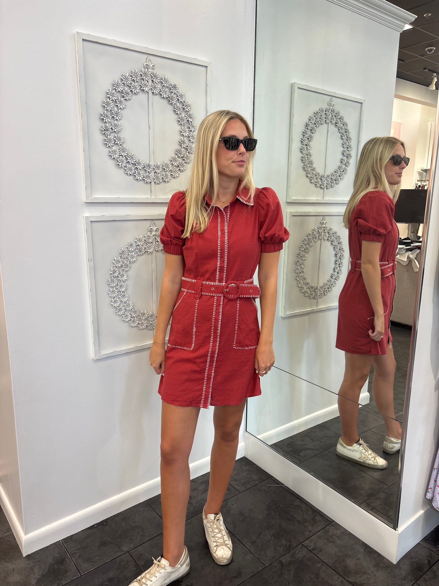 Brick with White Stitch Belted Dress