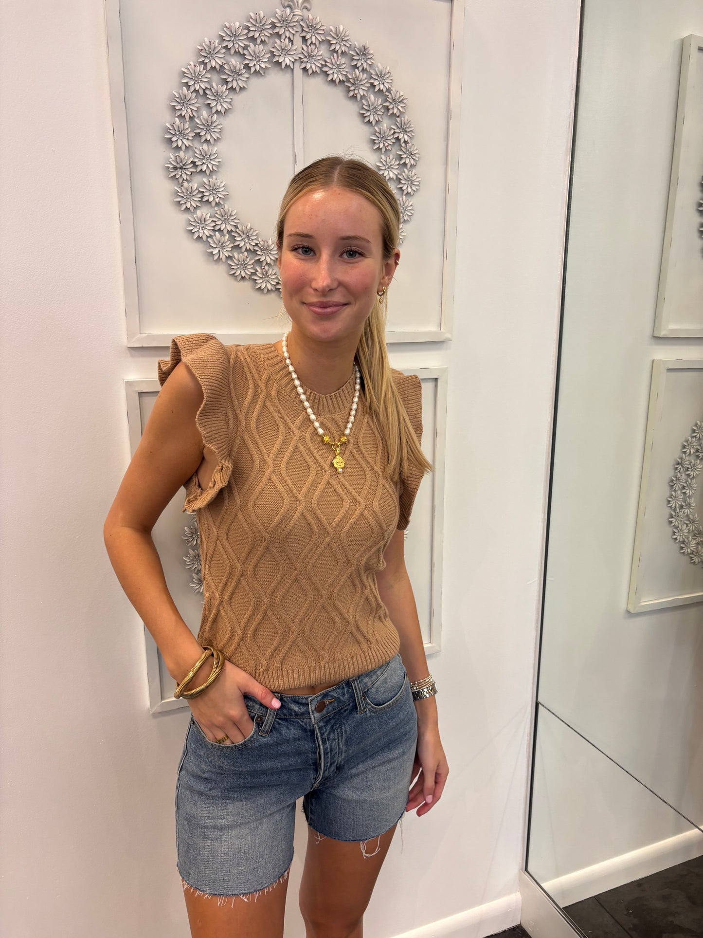 The Chelsea Taupe Ruffled Sleeve Sweater