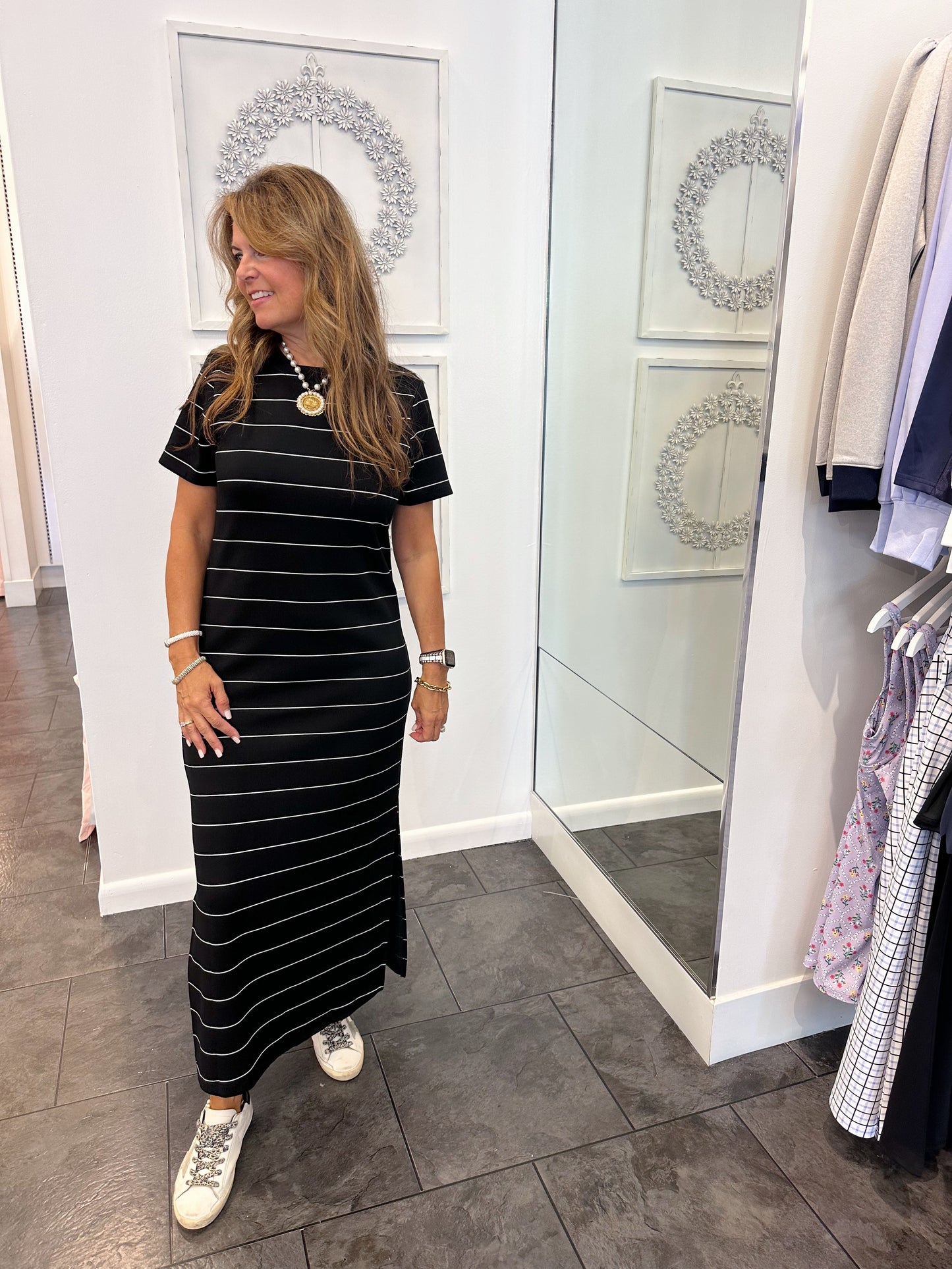 Black with Cream Stripe Maxi Dress