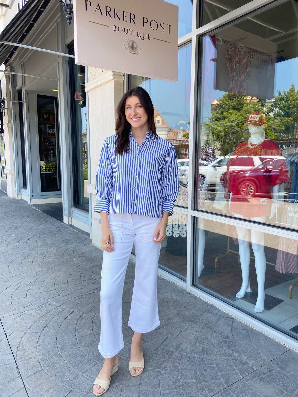 Comet Navy Stripe Button Down Top