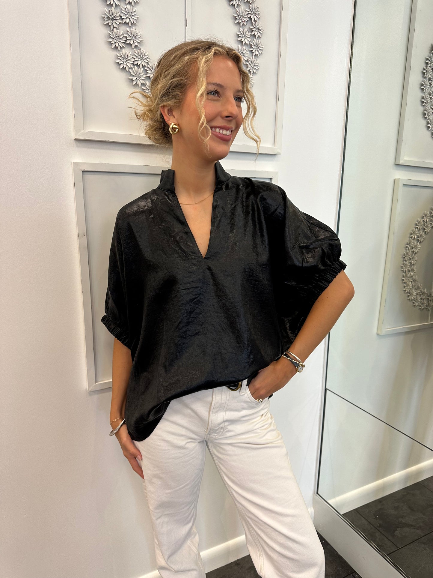 Shiny Black Silk V-Neck Blouse