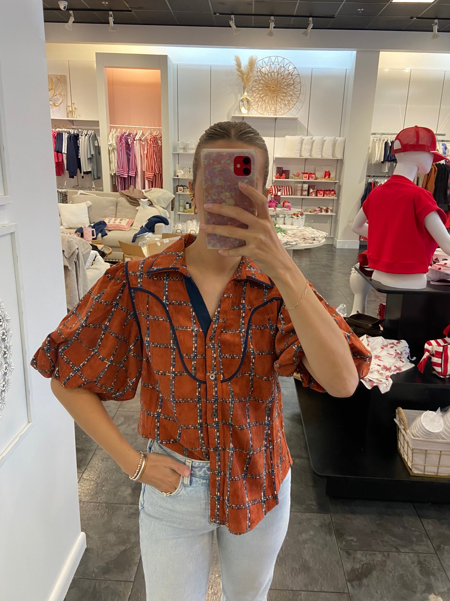 Heather Brown Plaid Corduroy Top