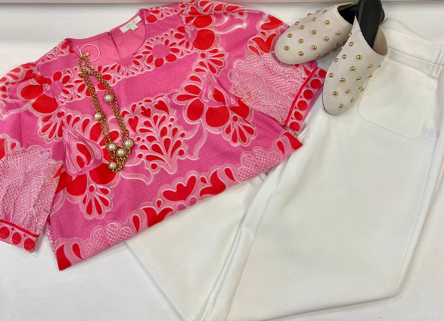 JADE Pink Petal Lace Puff Sleeve Top