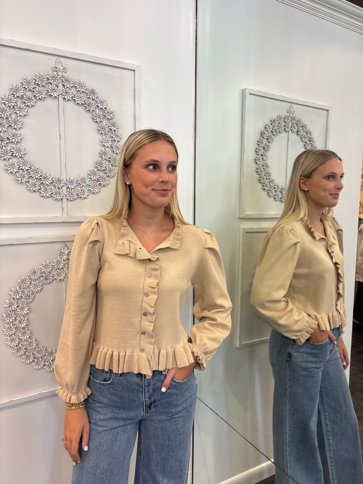 Bella Taupe Long Sleeve Button Up Ruffle Trim Sweater