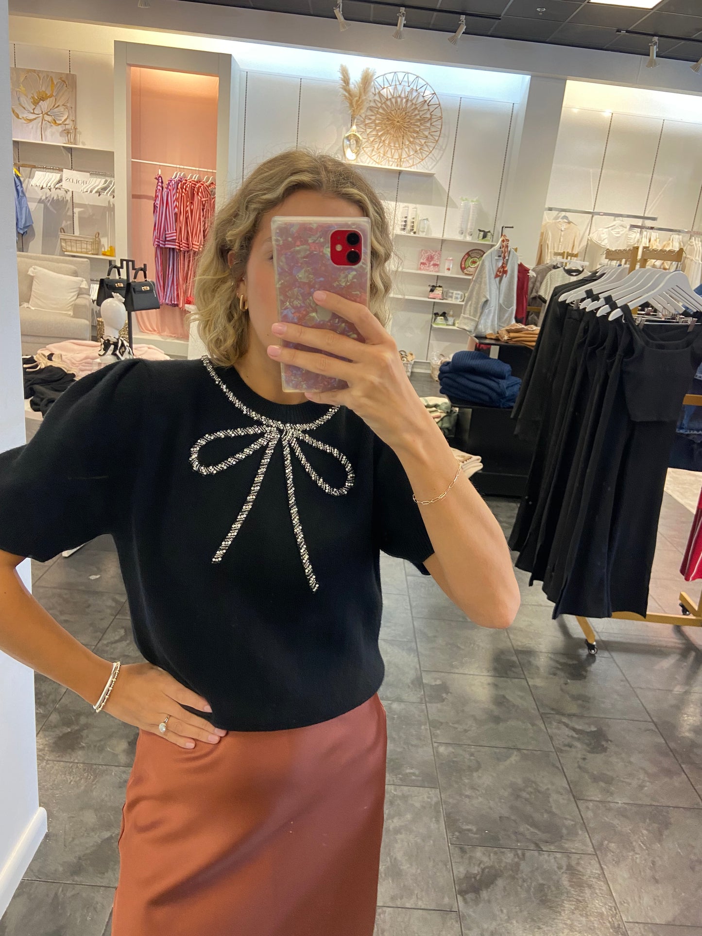 Black Beaded Bow Sweater