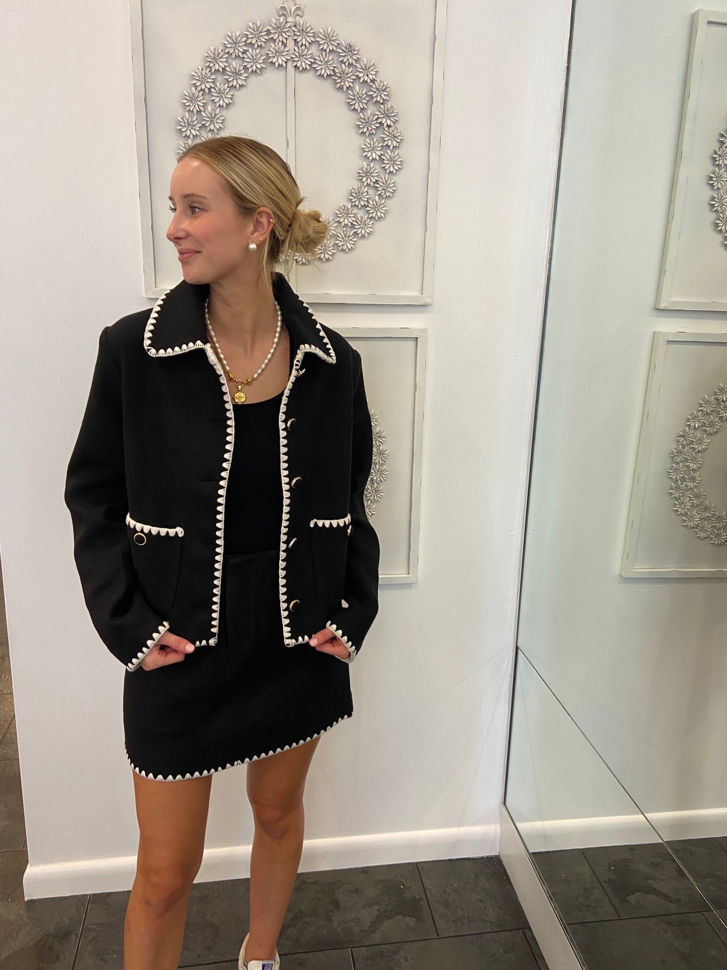 The Megan Black with White Ric Rac Trim Jacket