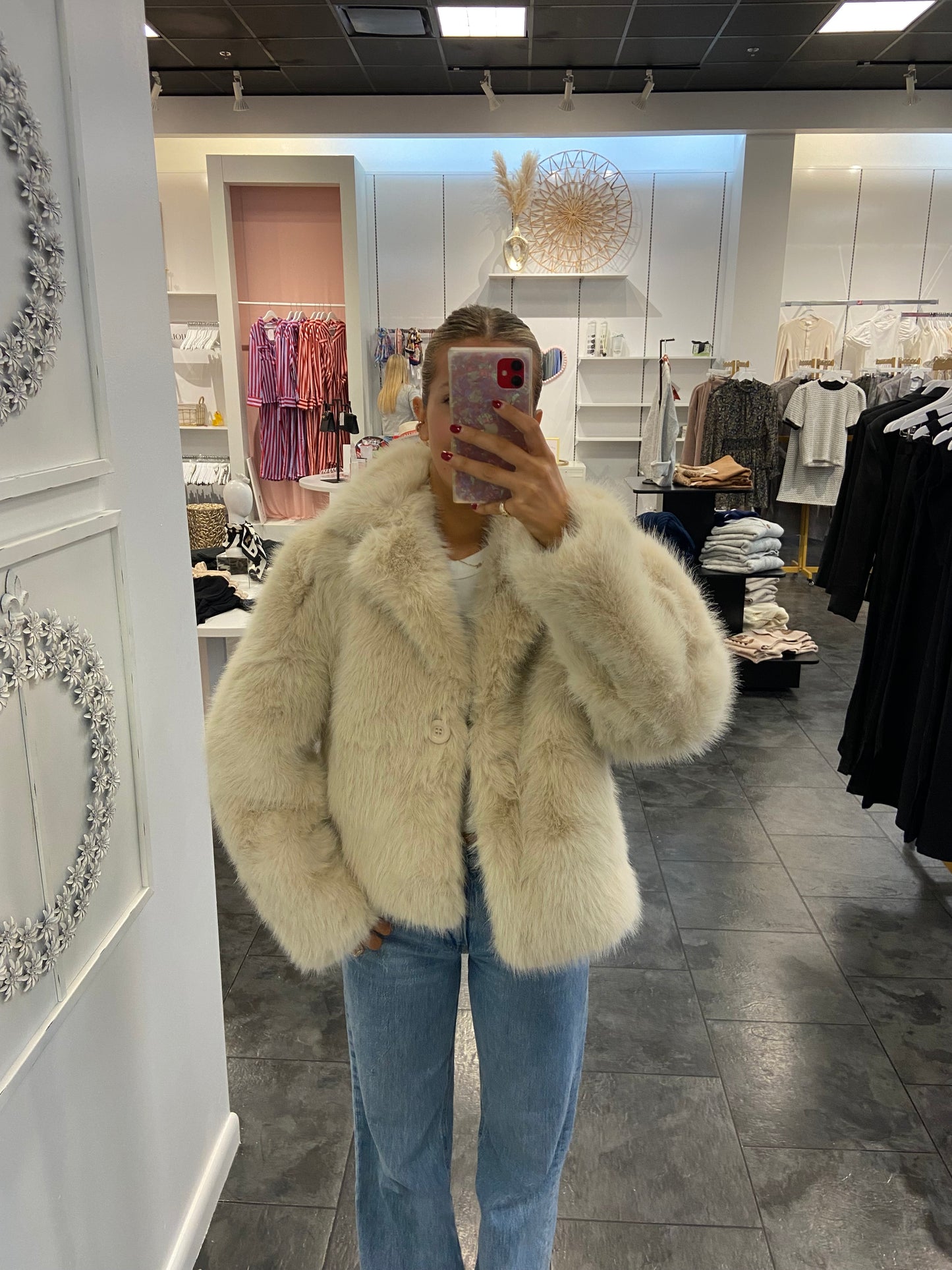 Cream Fur Collar Short Coat
