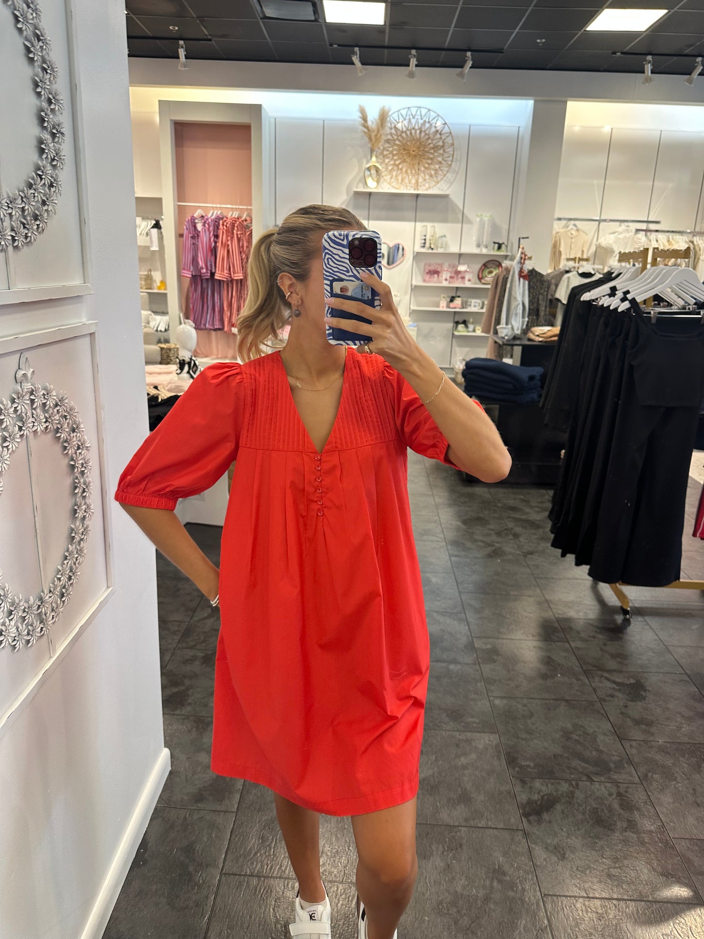 JOY JOY Red Pin Tuck Yoke Dress