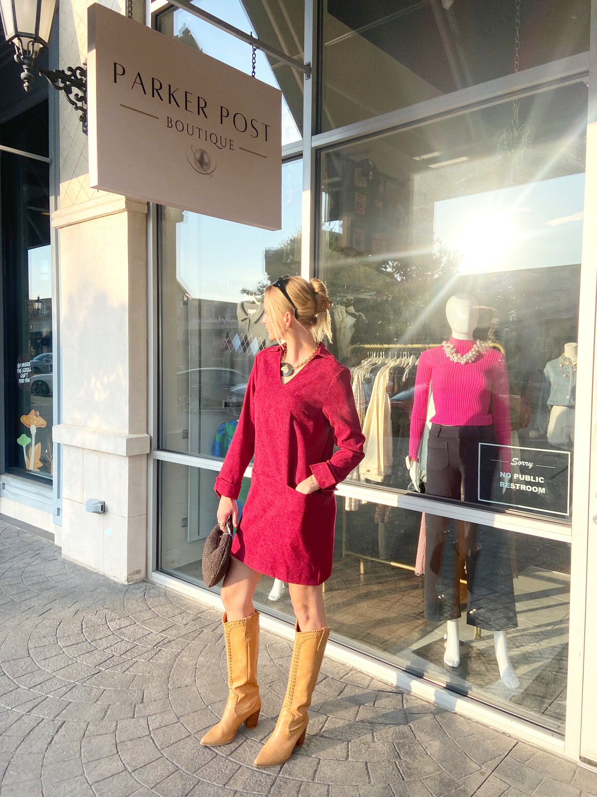 JOY JOY Wine V-Neck Collar Mini Dress
