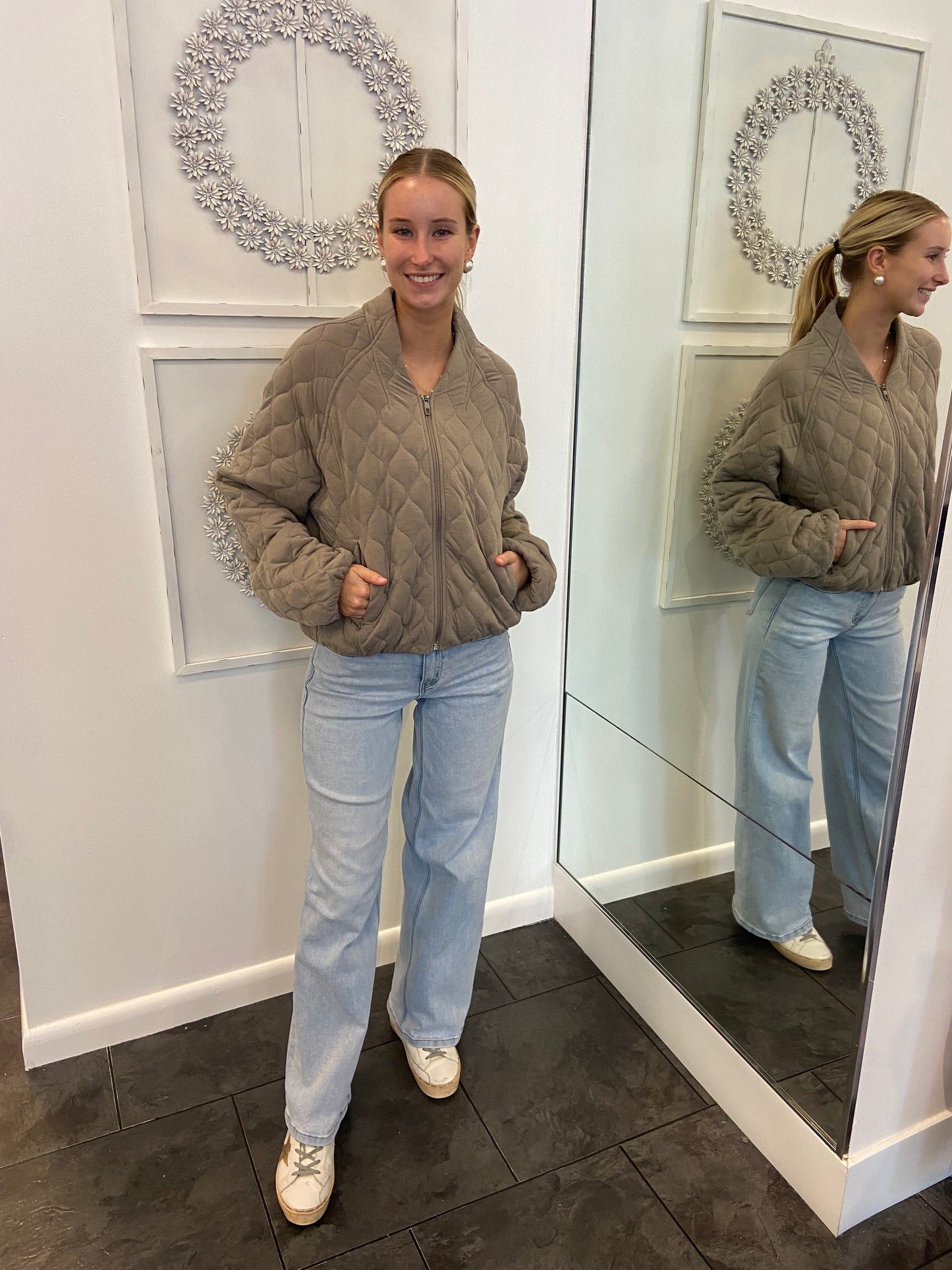 Dark Taupe Quilted Zip Up Jacket