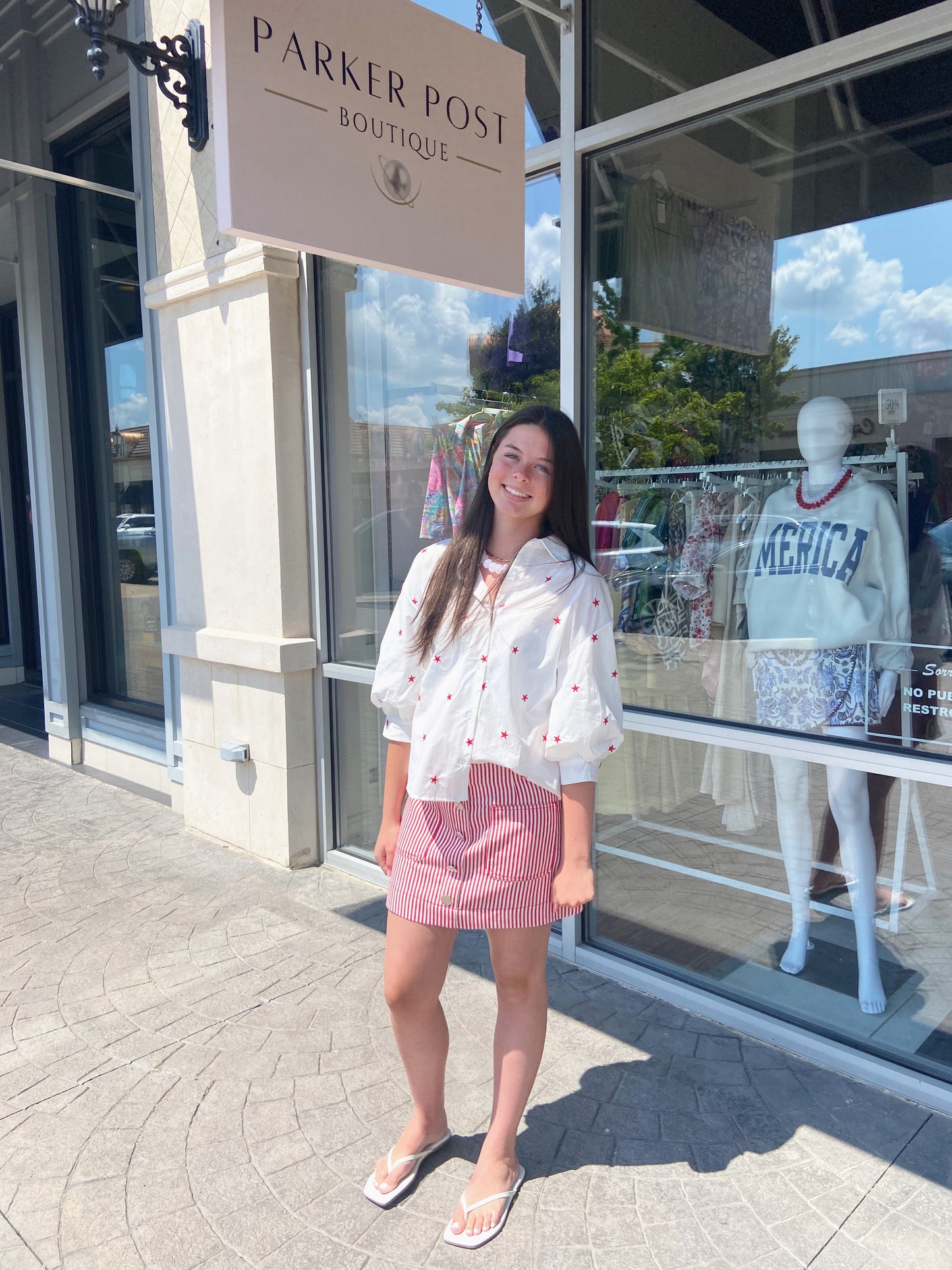 Red Starry Button up Puff Sleeve Top