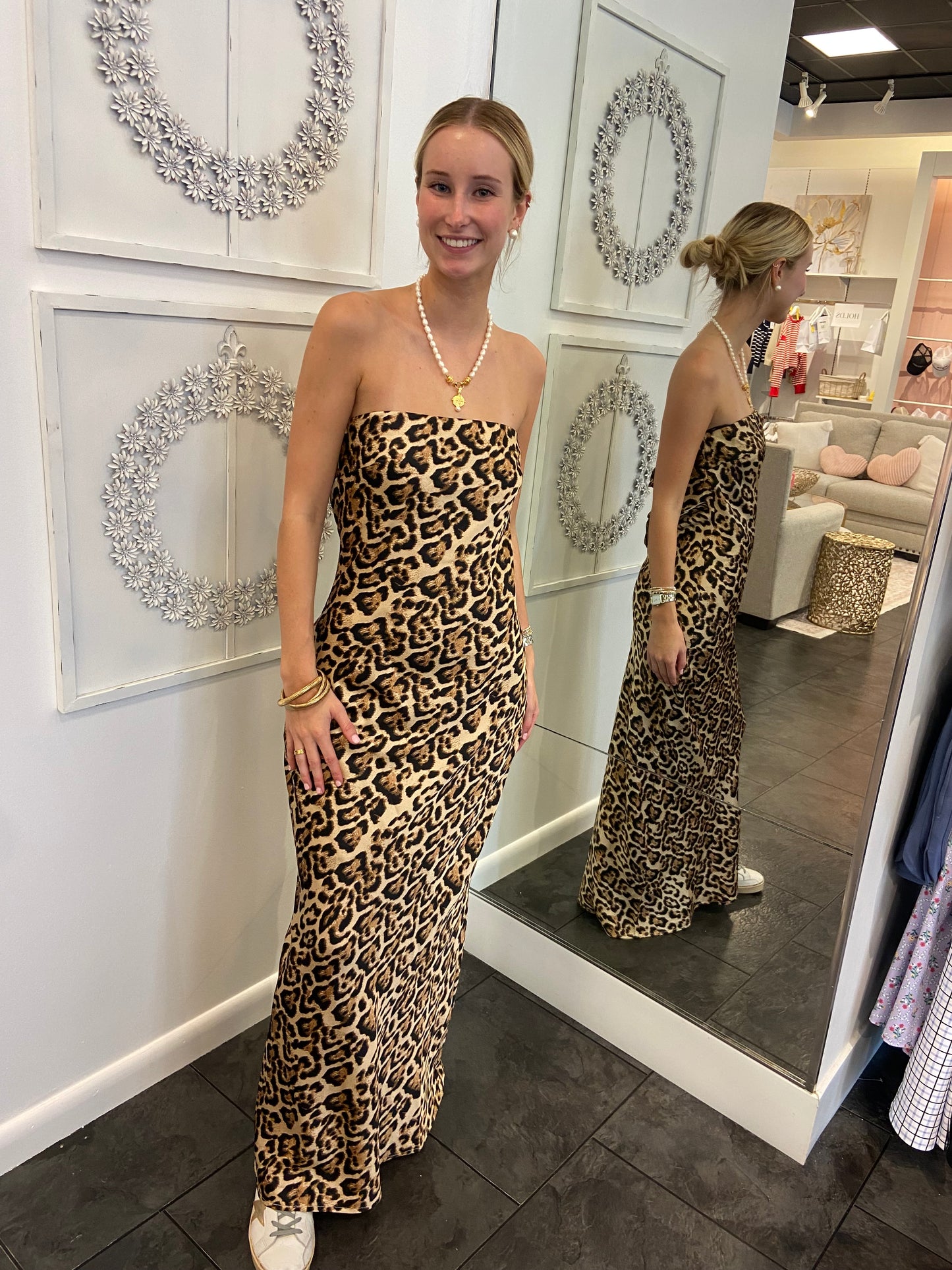 Leopard Strapless Tie Back Maxi Dress