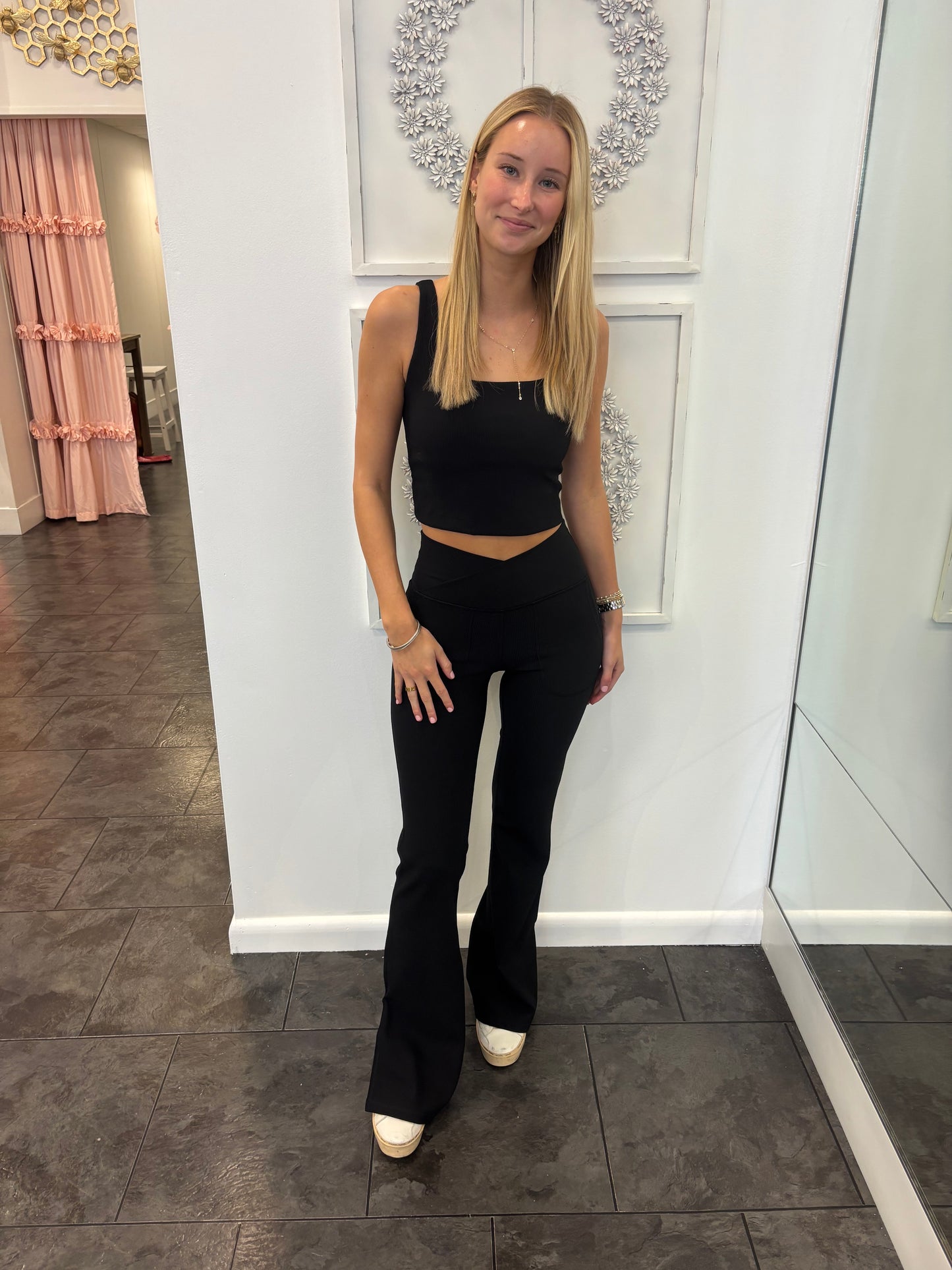 Black V-Waist Flared Leggings and Sleeveless Top Set