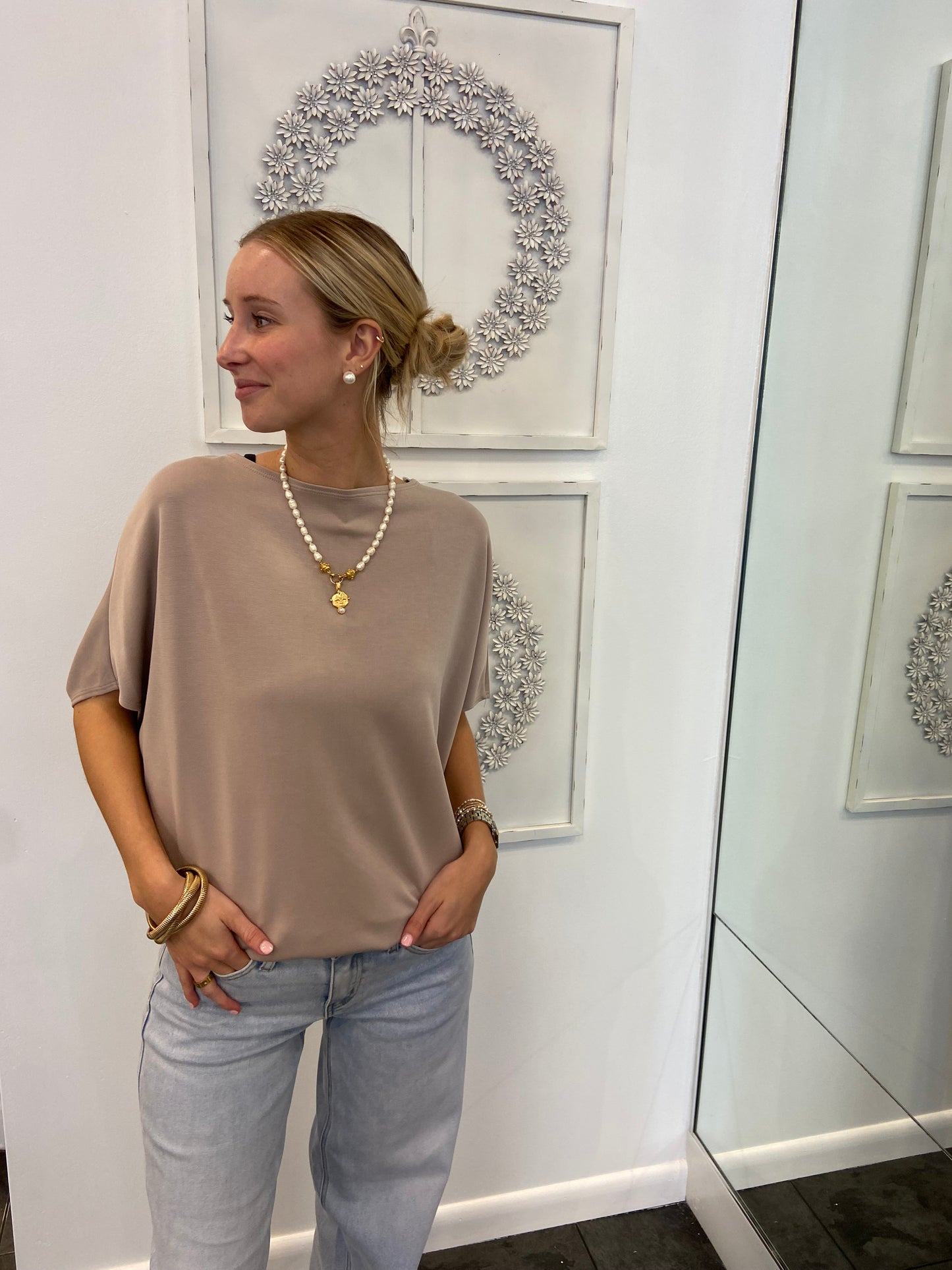 Mushroom Scuba Dolman Sleeve Top