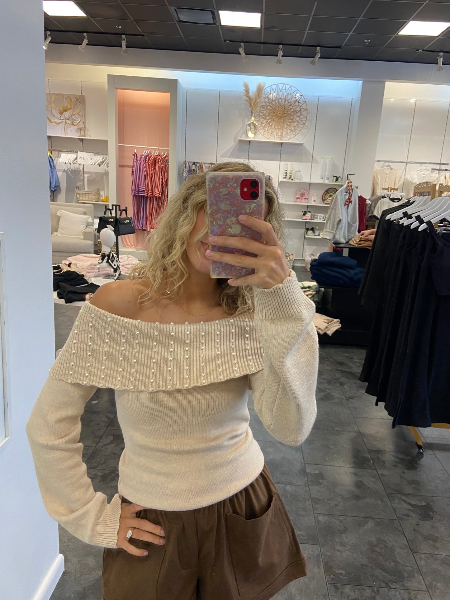 Pearl Off the Shoulder Sweater