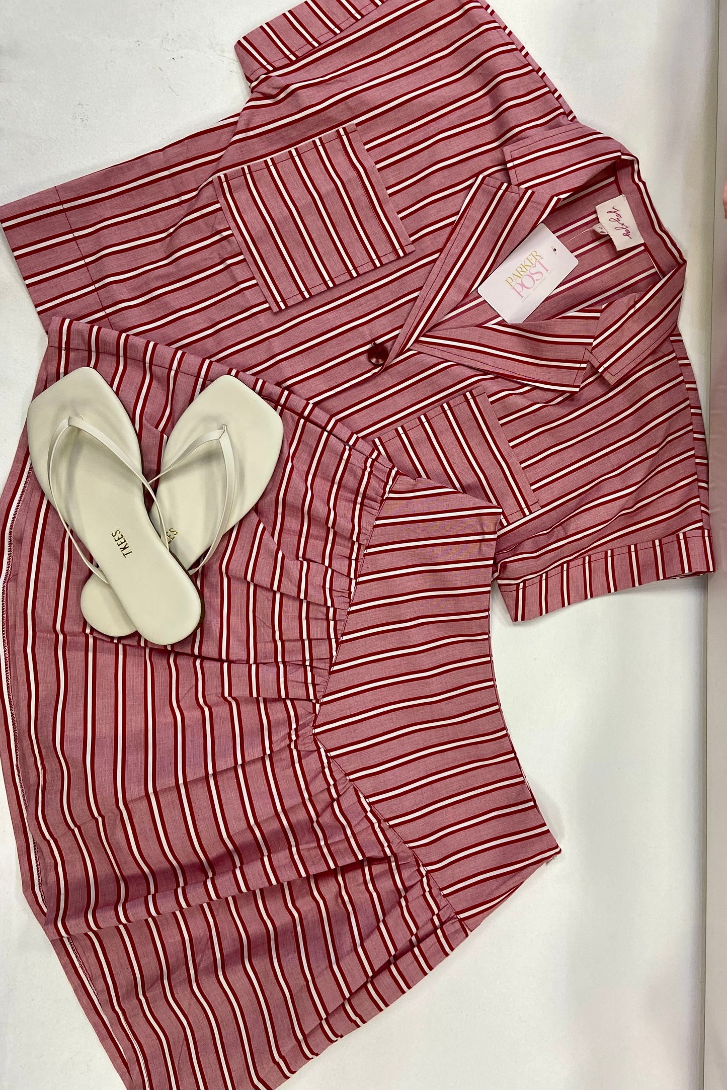 JOY JOY Red Stripe Pocket Crop Blouse