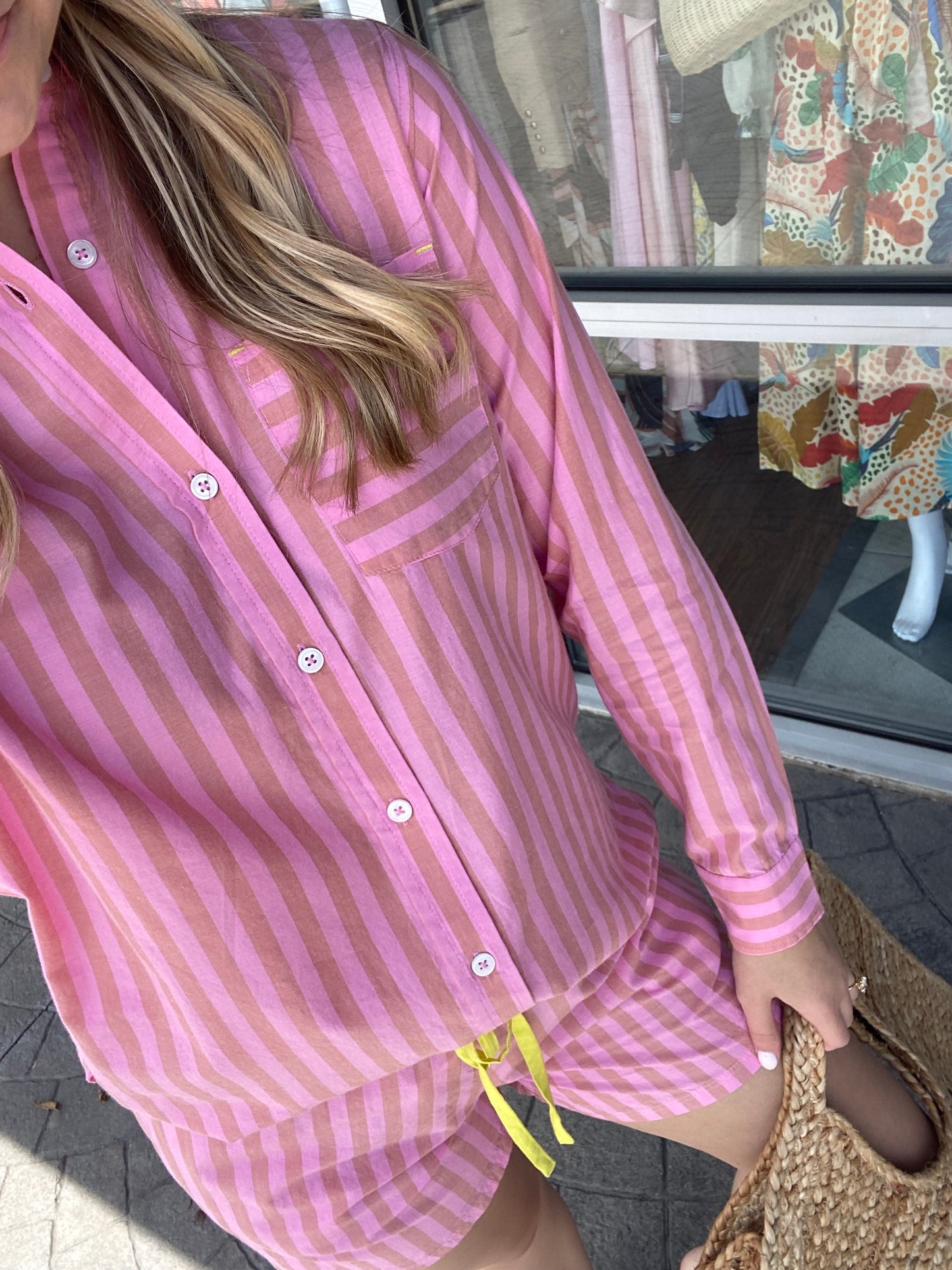 KERRI ROSENTHAL Pink/Brown Mia Stripe Shirt and Short Set