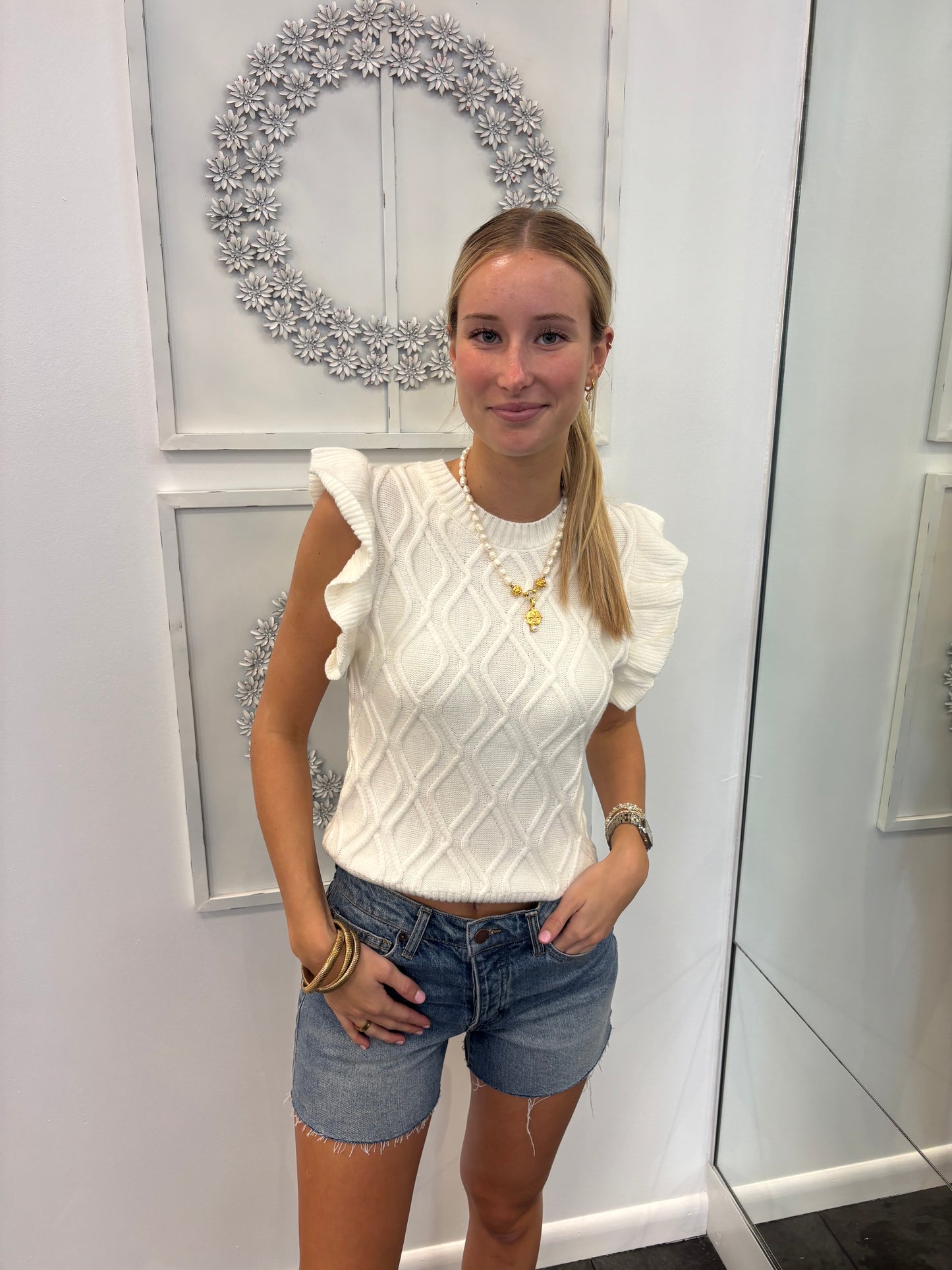 The Chelsea Off White Ruffled Sleeve Sweater