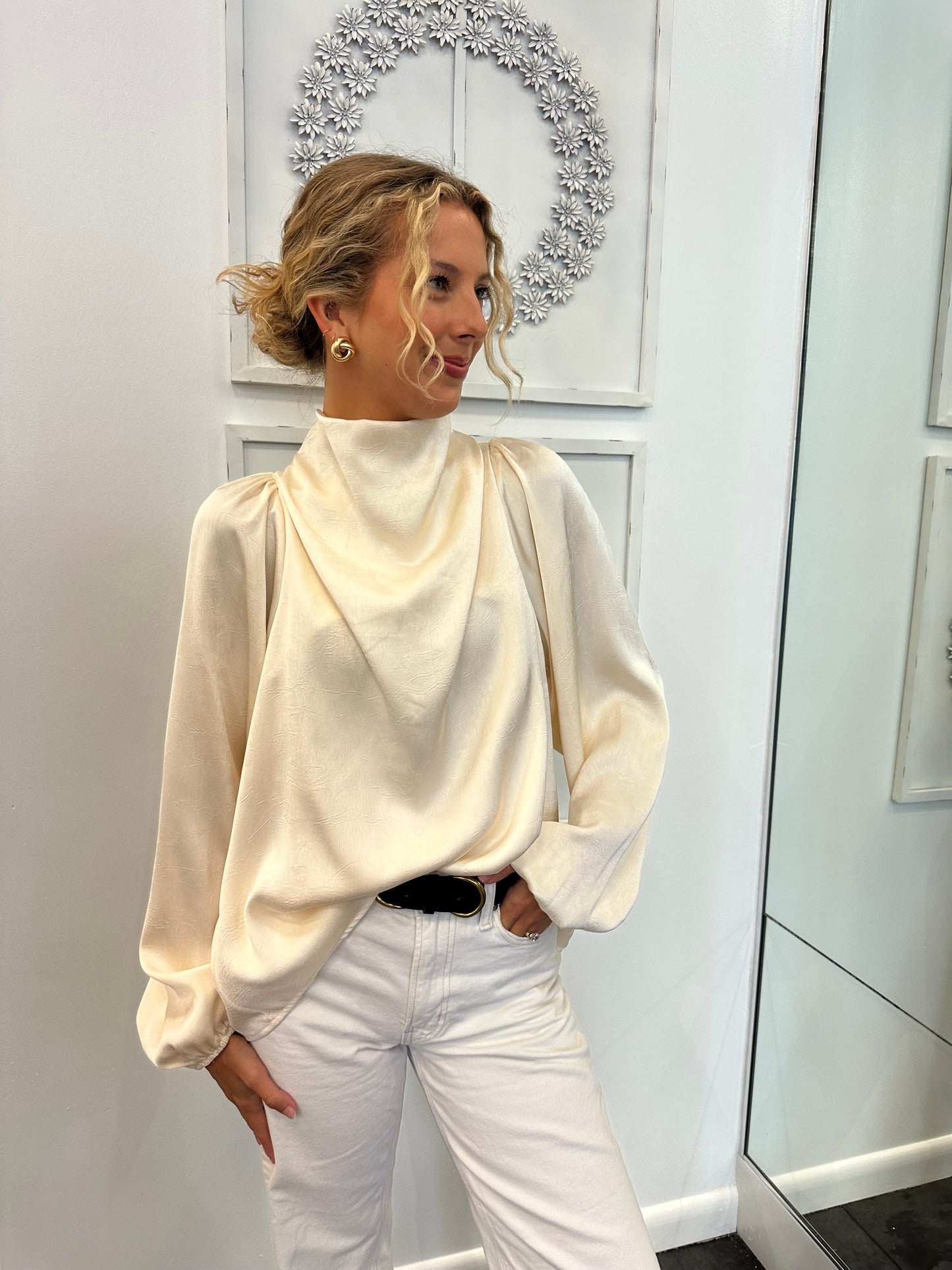 Champagne Long Sleeve Silky Blouse