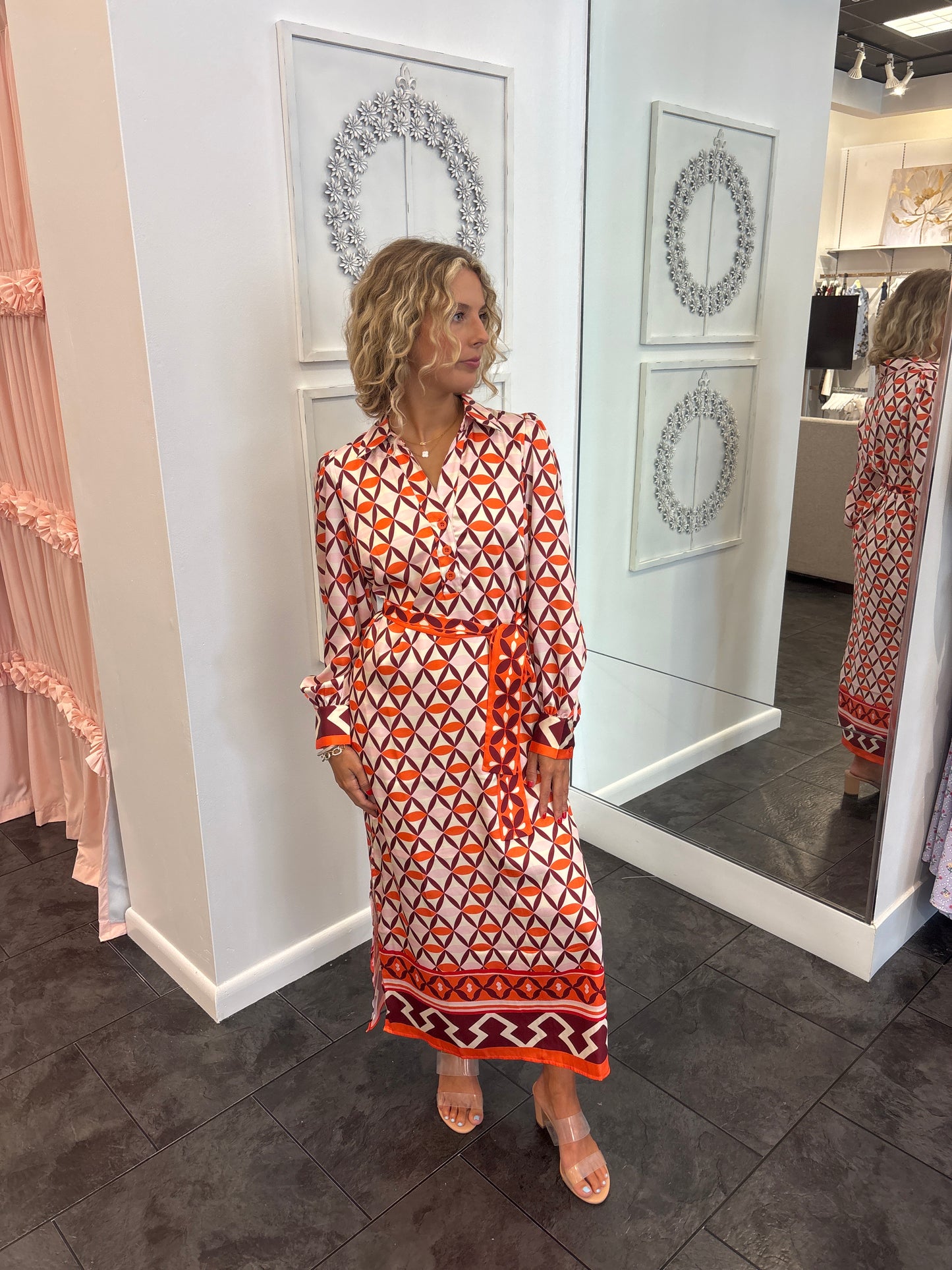 JADE Orange Geometric Long Sleeve Maxi Dress