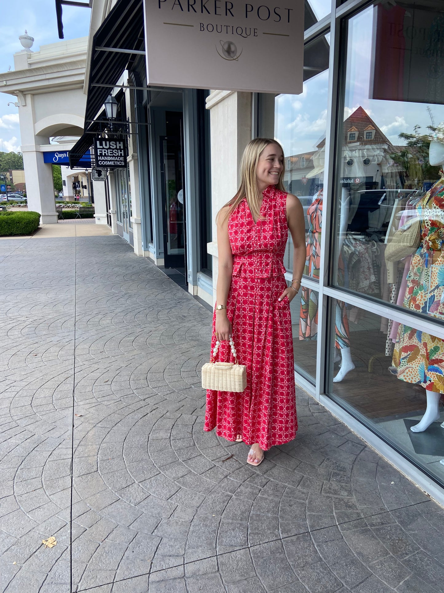 Bolten Red and White Pattern Skirt Set