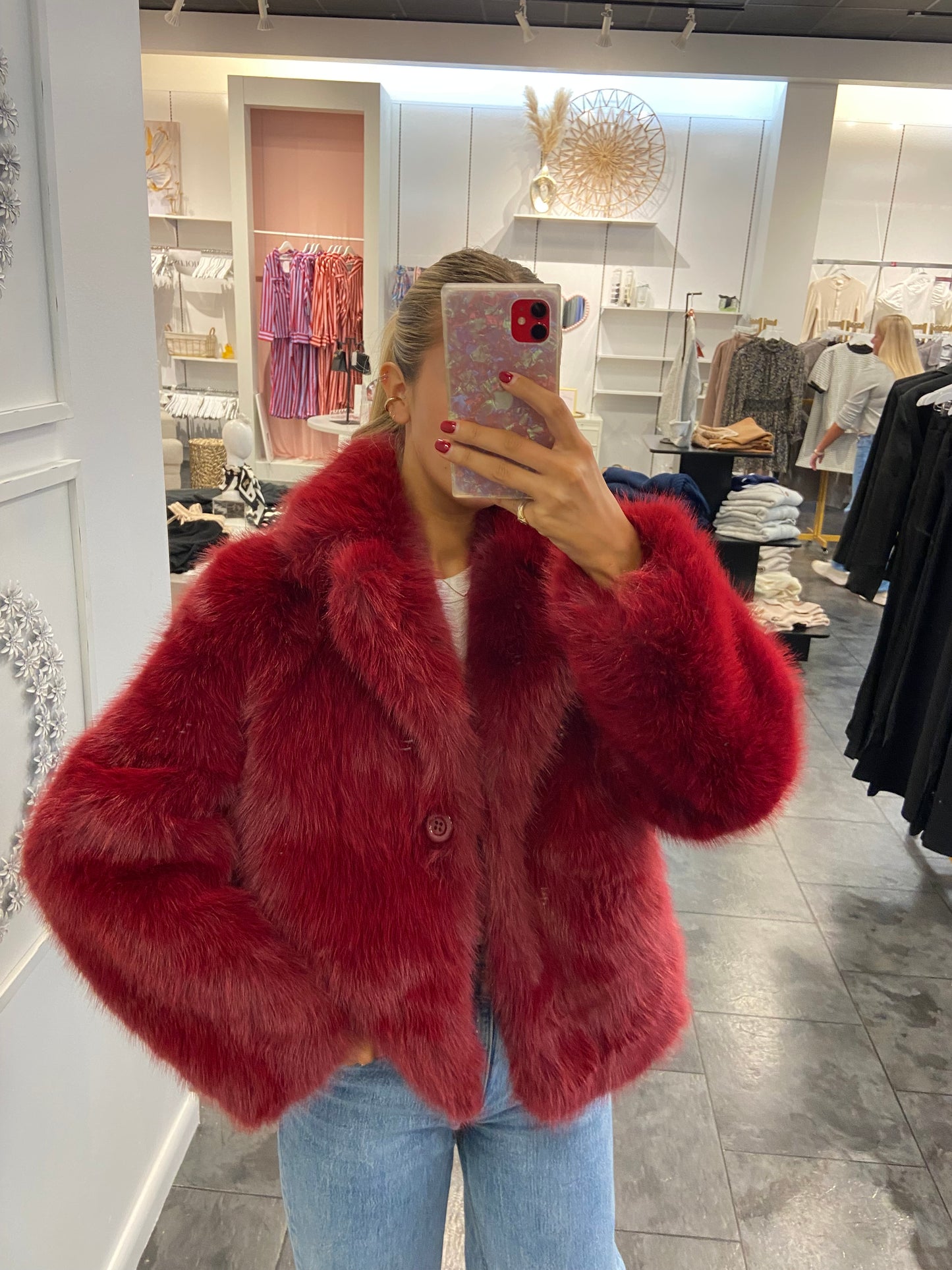 Burgundy Fur Collar Short Coat