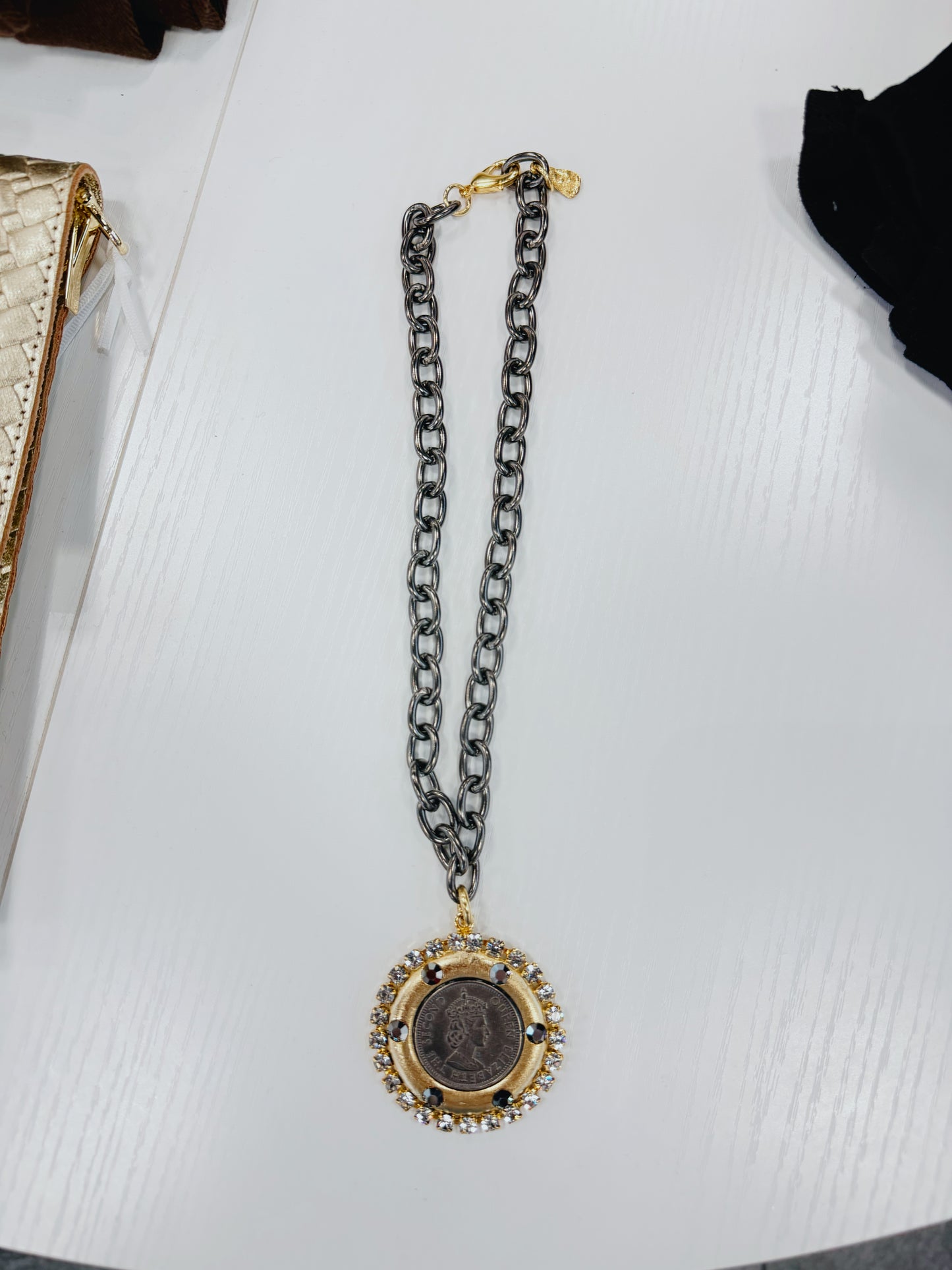 YOCHI Queen Elizabeth Coin Wrapped in Rhinestones with Gray Necklace