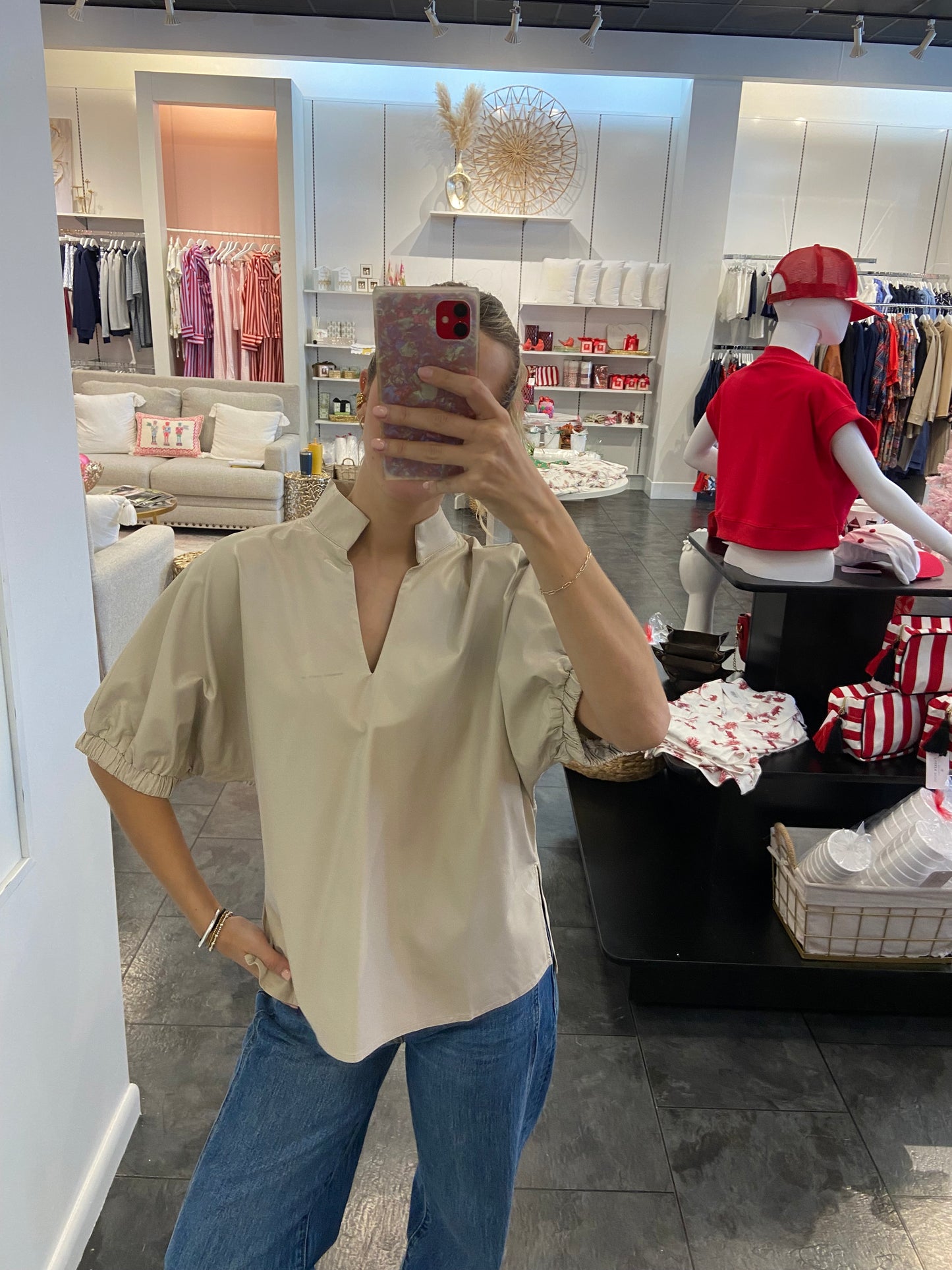 Ecru Pleather V-Neck 3/4 Sleeve Blouse