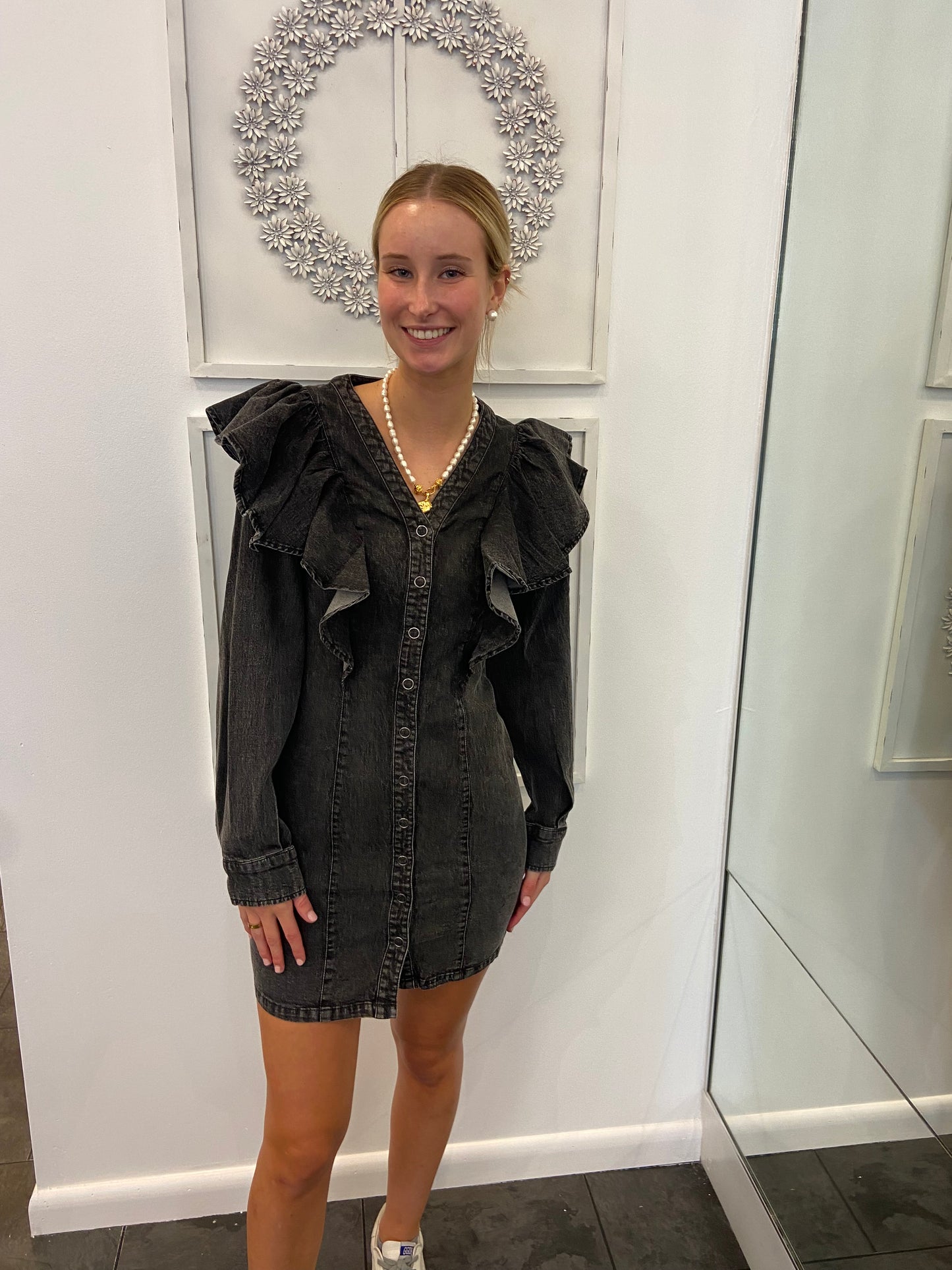 KARLIE Black Denim Ruffle Button Dress
