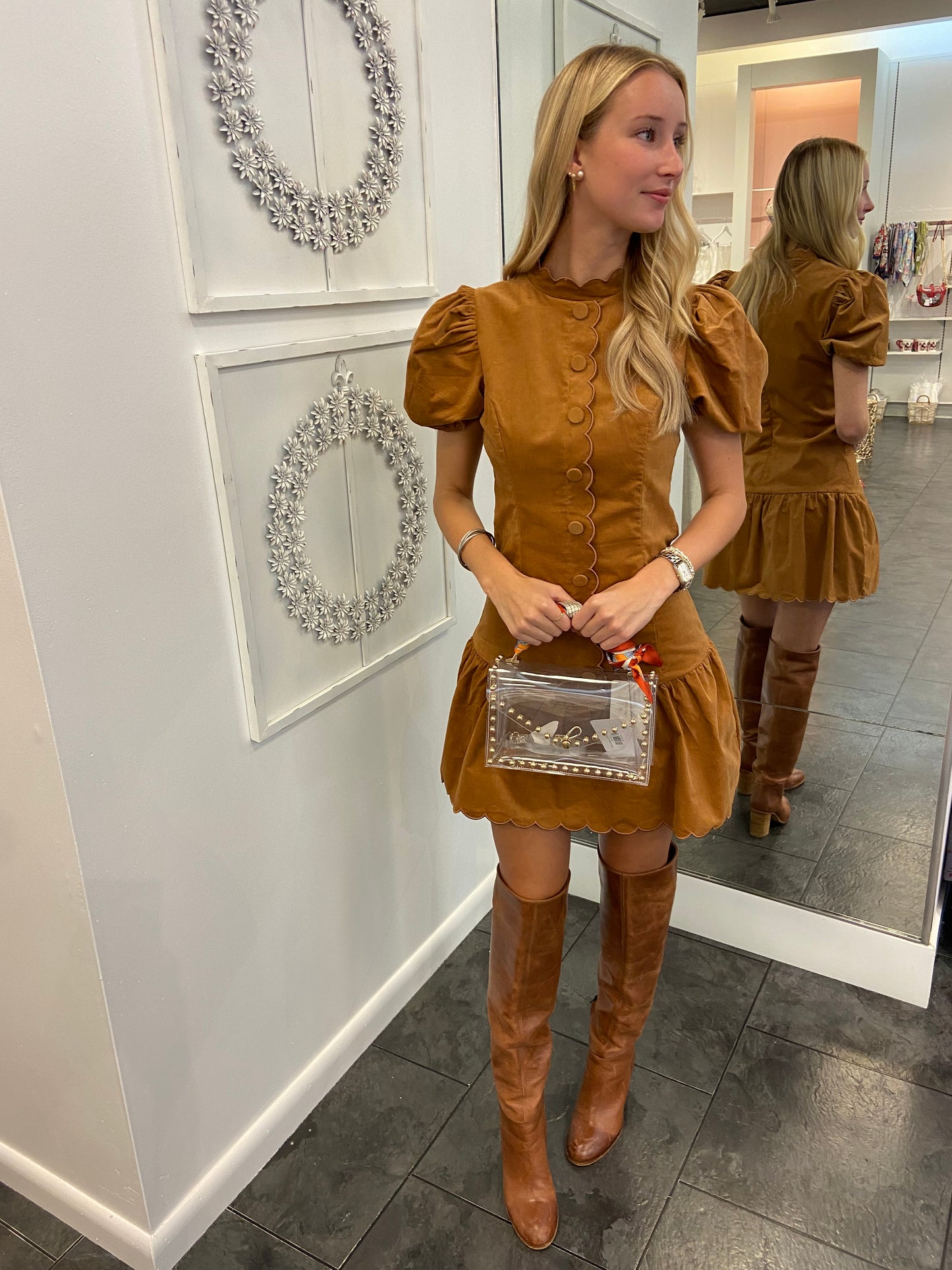 Camel Corduroy Puff Sleeve Dress