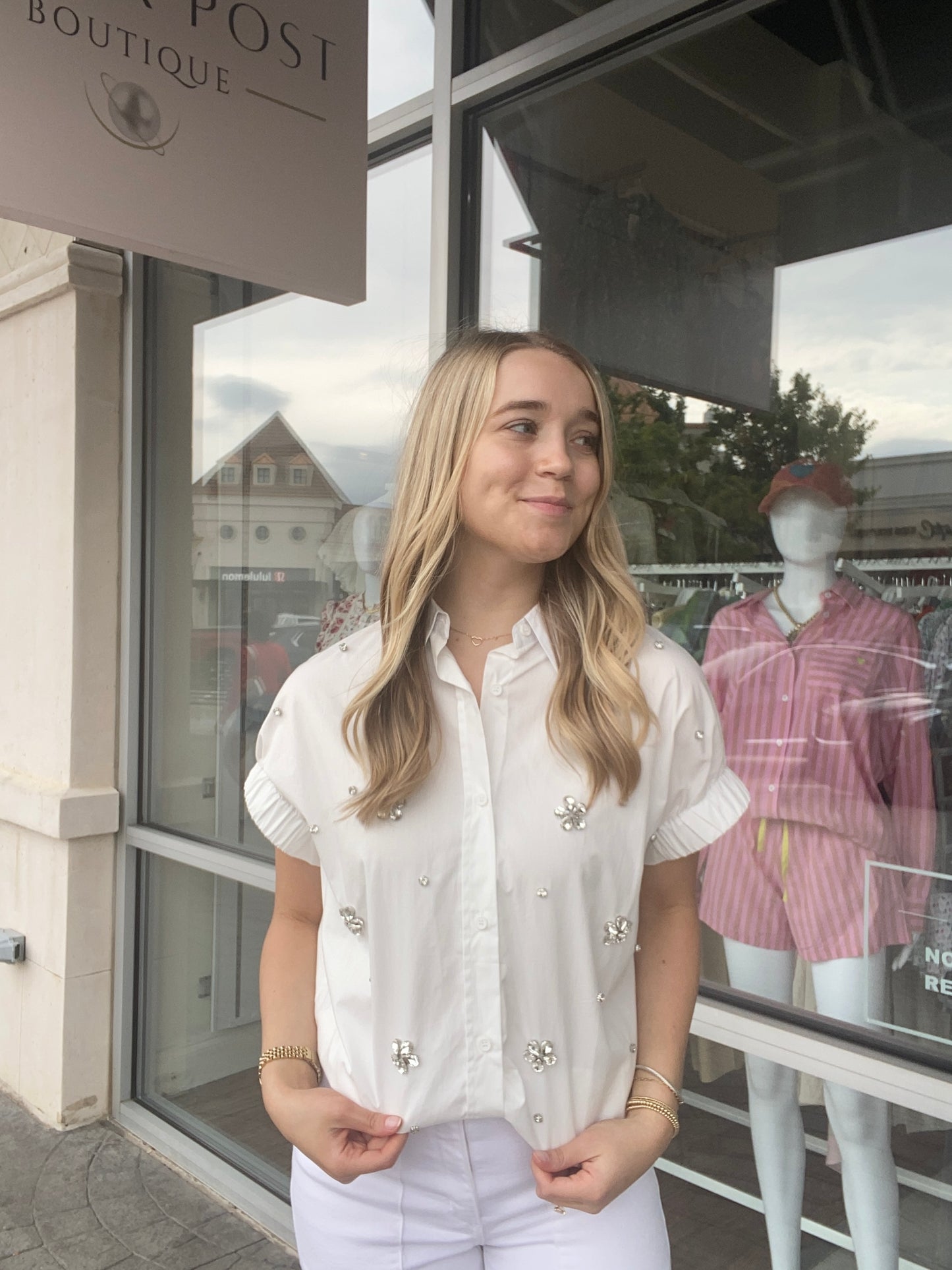 KARLIE Cecillia White Poplin Jeweled Top