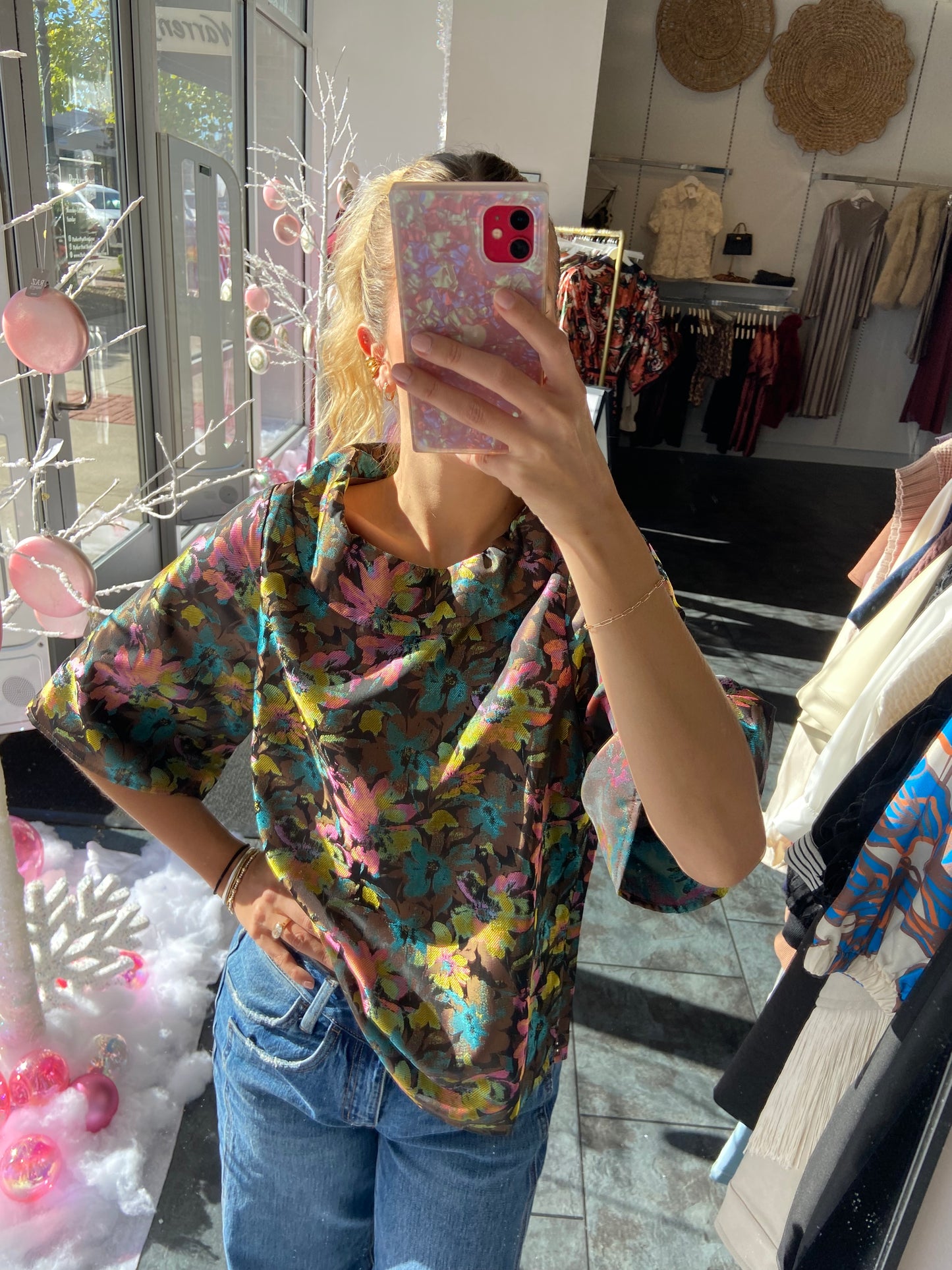 JADE Vintage Floral Roll Collar Top