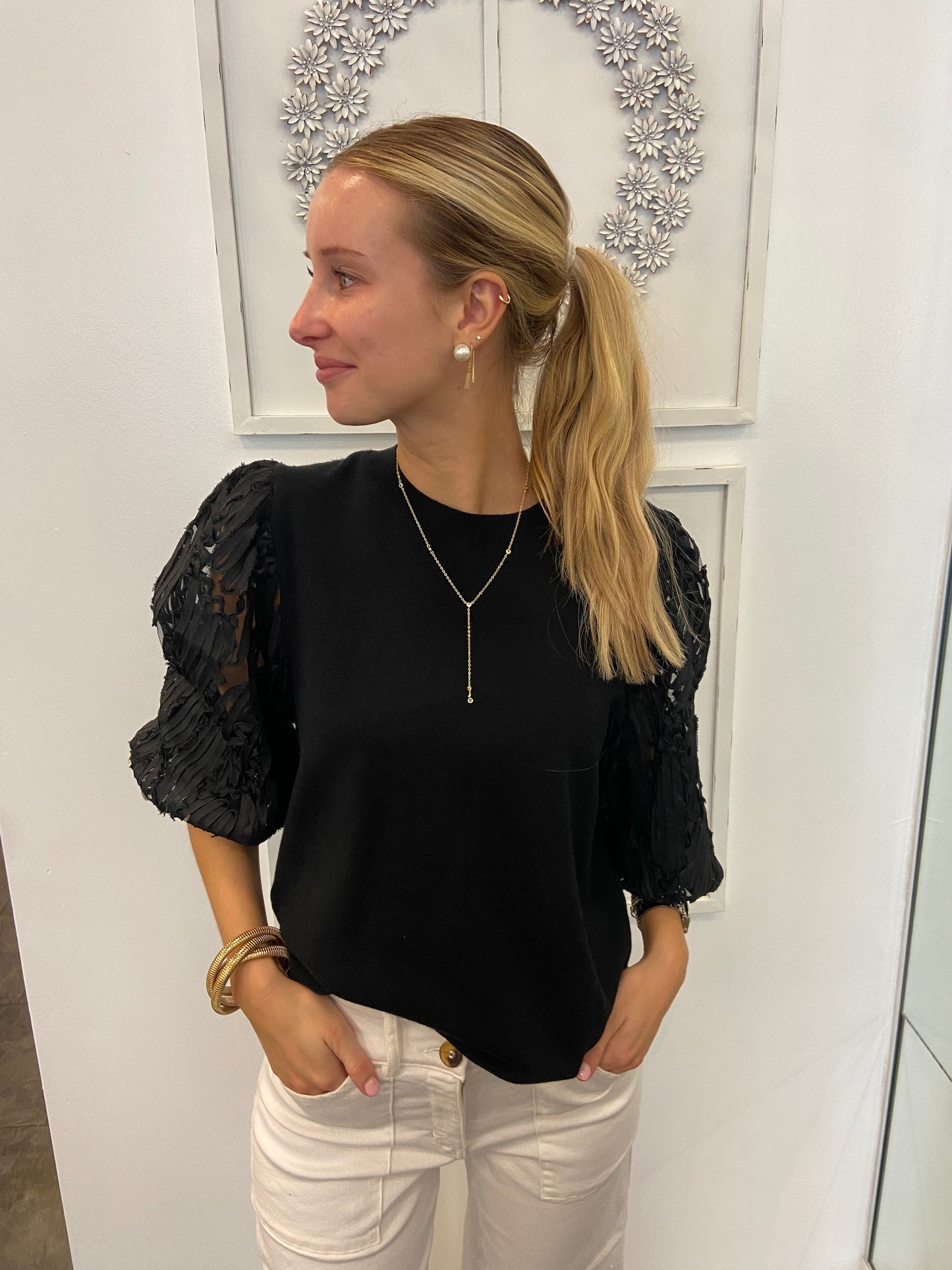 Jade Black Lace Sleeve Sweater