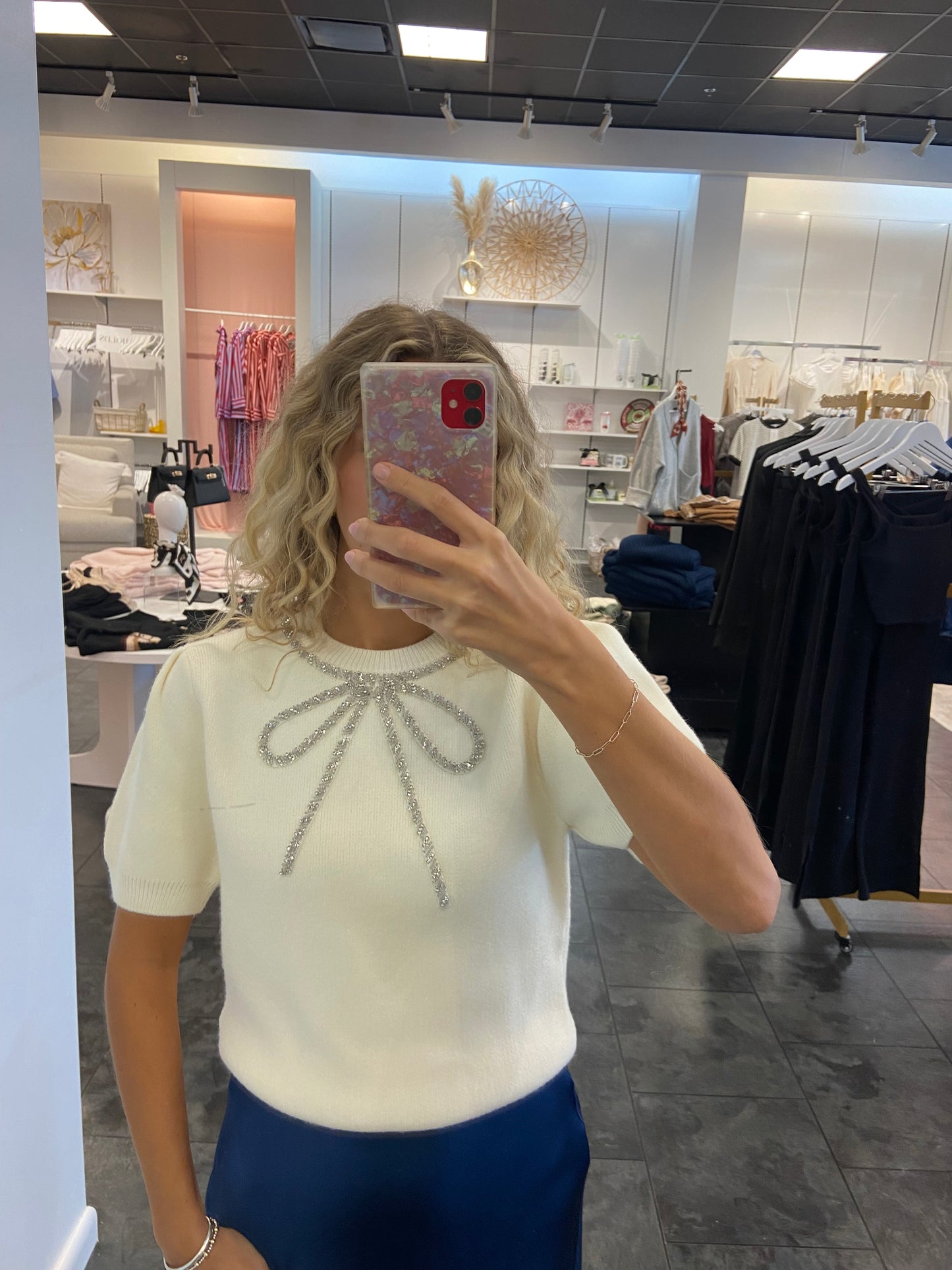 Cream Beaded Bow Sweater