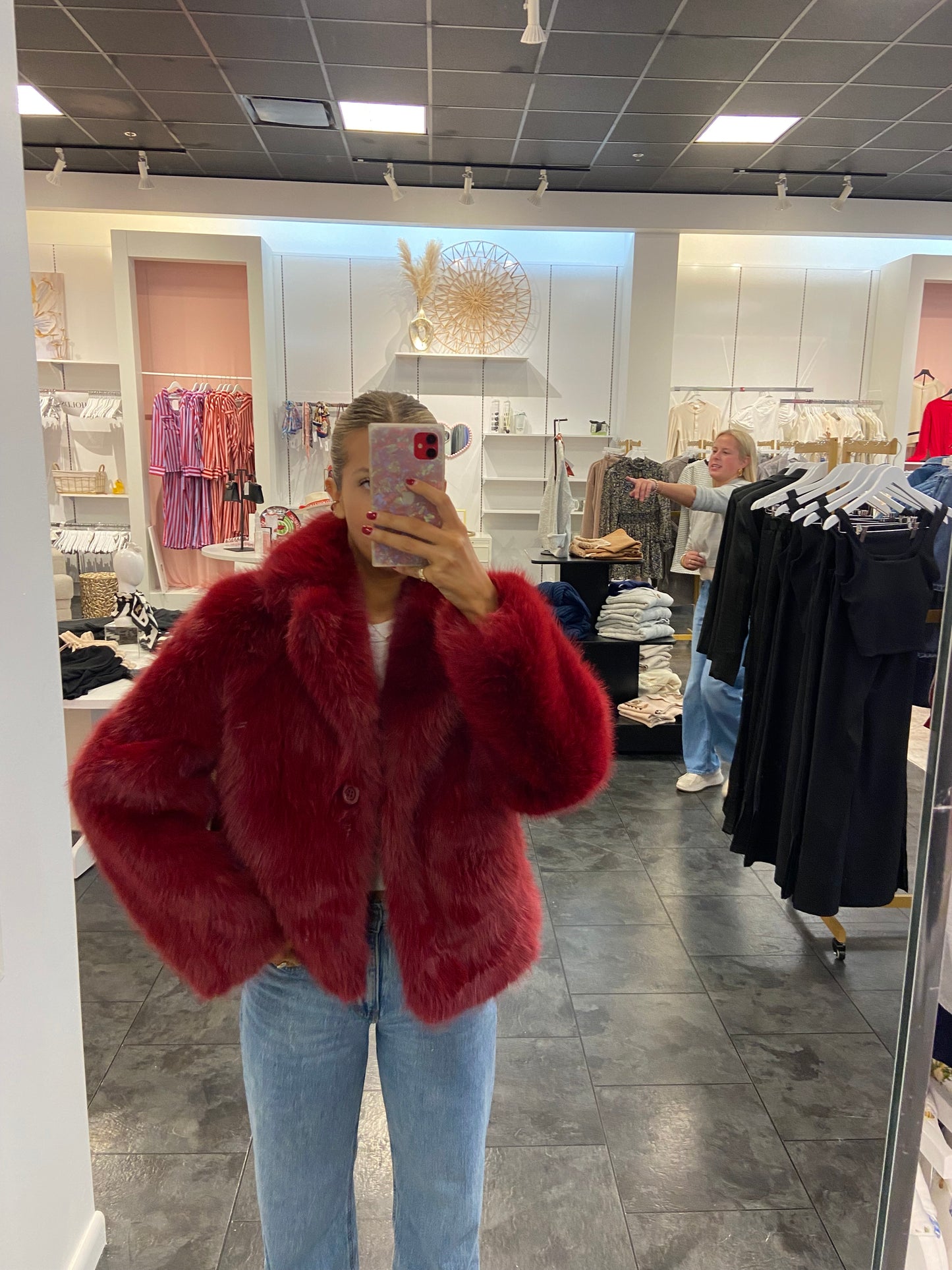 Burgundy Fur Collar Short Coat