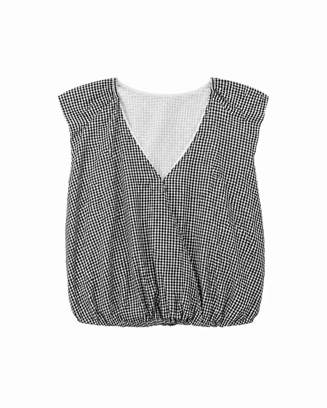 KARLIE Black Check Poplin Bubble Top