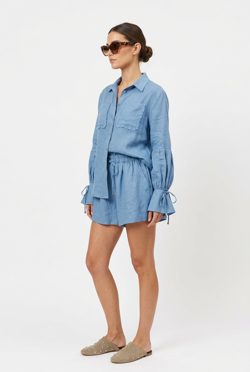 Mei Denim Colored Linen Top and Short Set