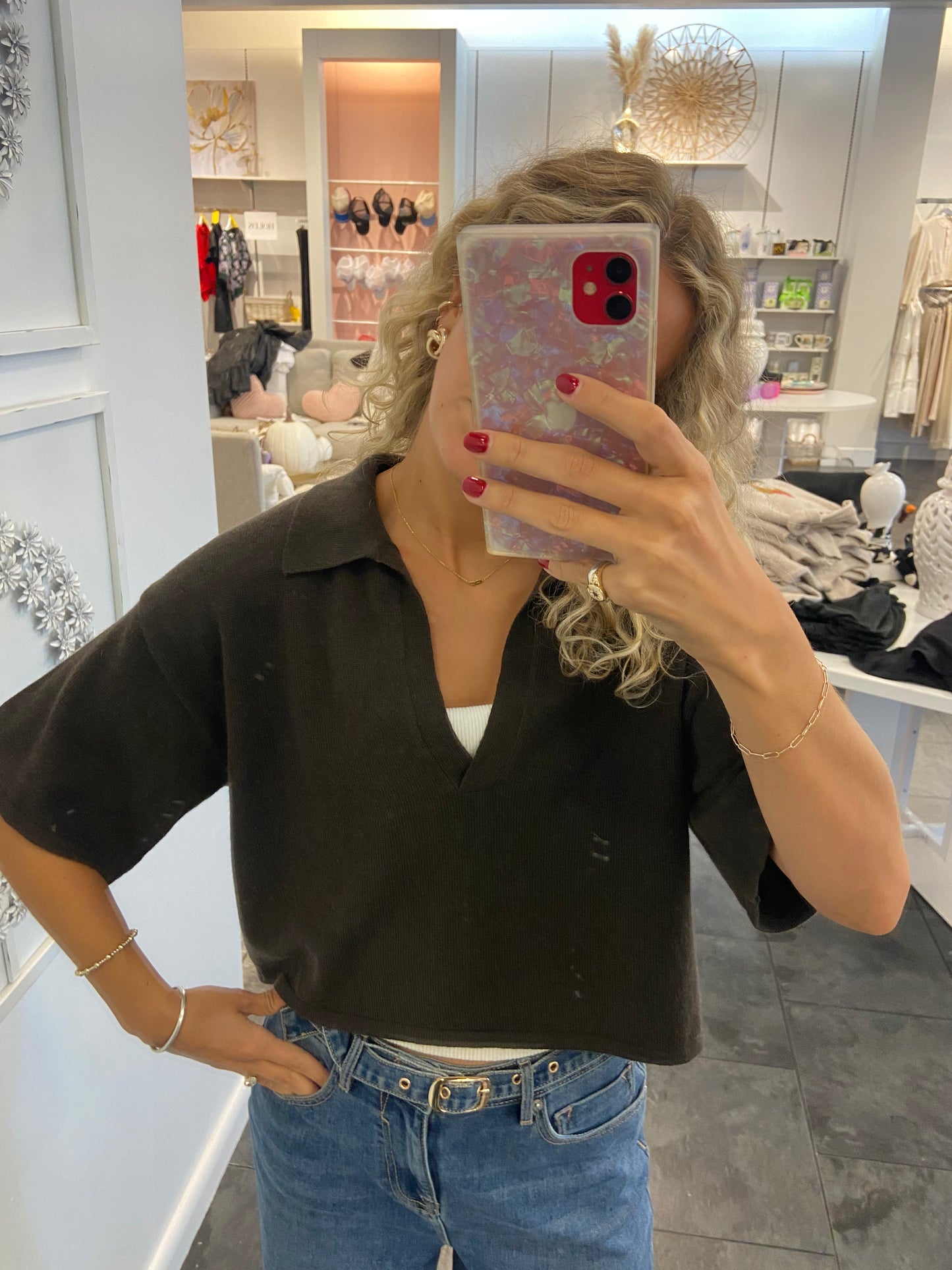 Addison Brown Short Sleeve V-Neck Sweater