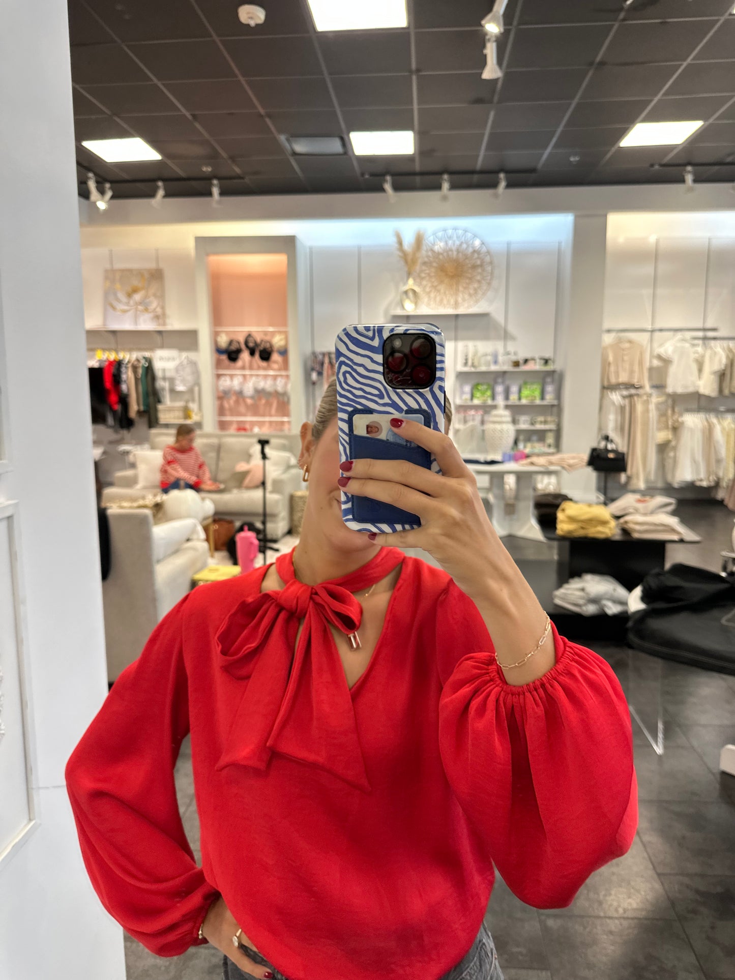 The Holiday Red Bubble Necktie Blouse