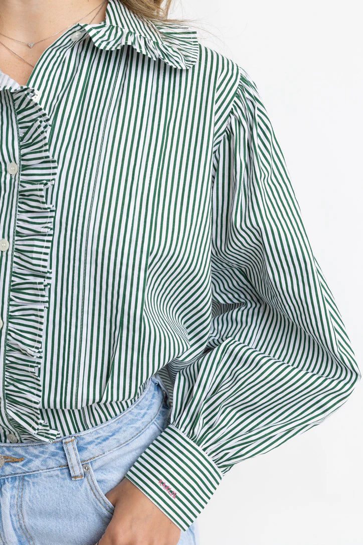 Karlie Green Stripe Pleat Ruffle Trim Blouse