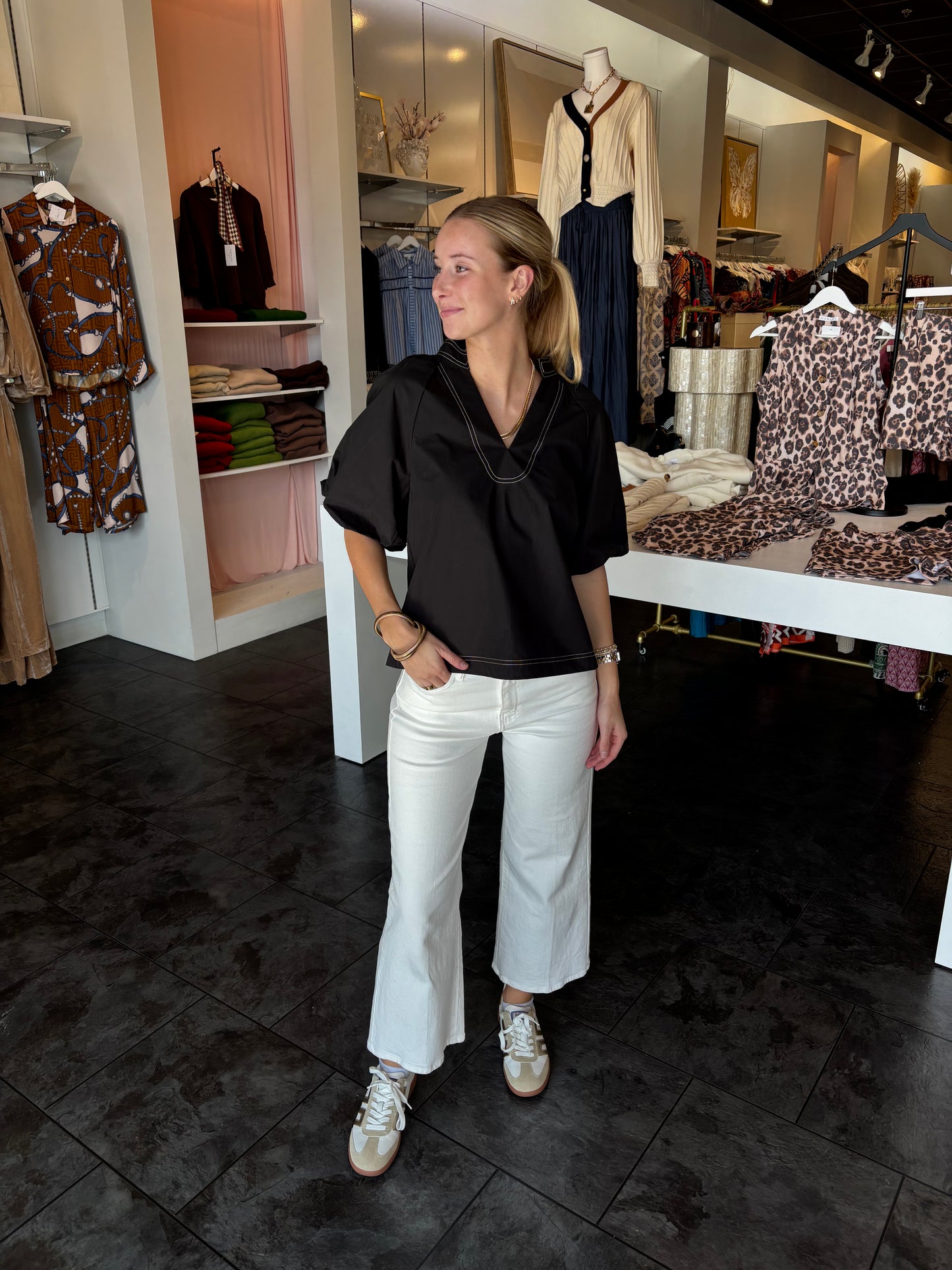 Black Puff Sleeve V-Neck Blouse