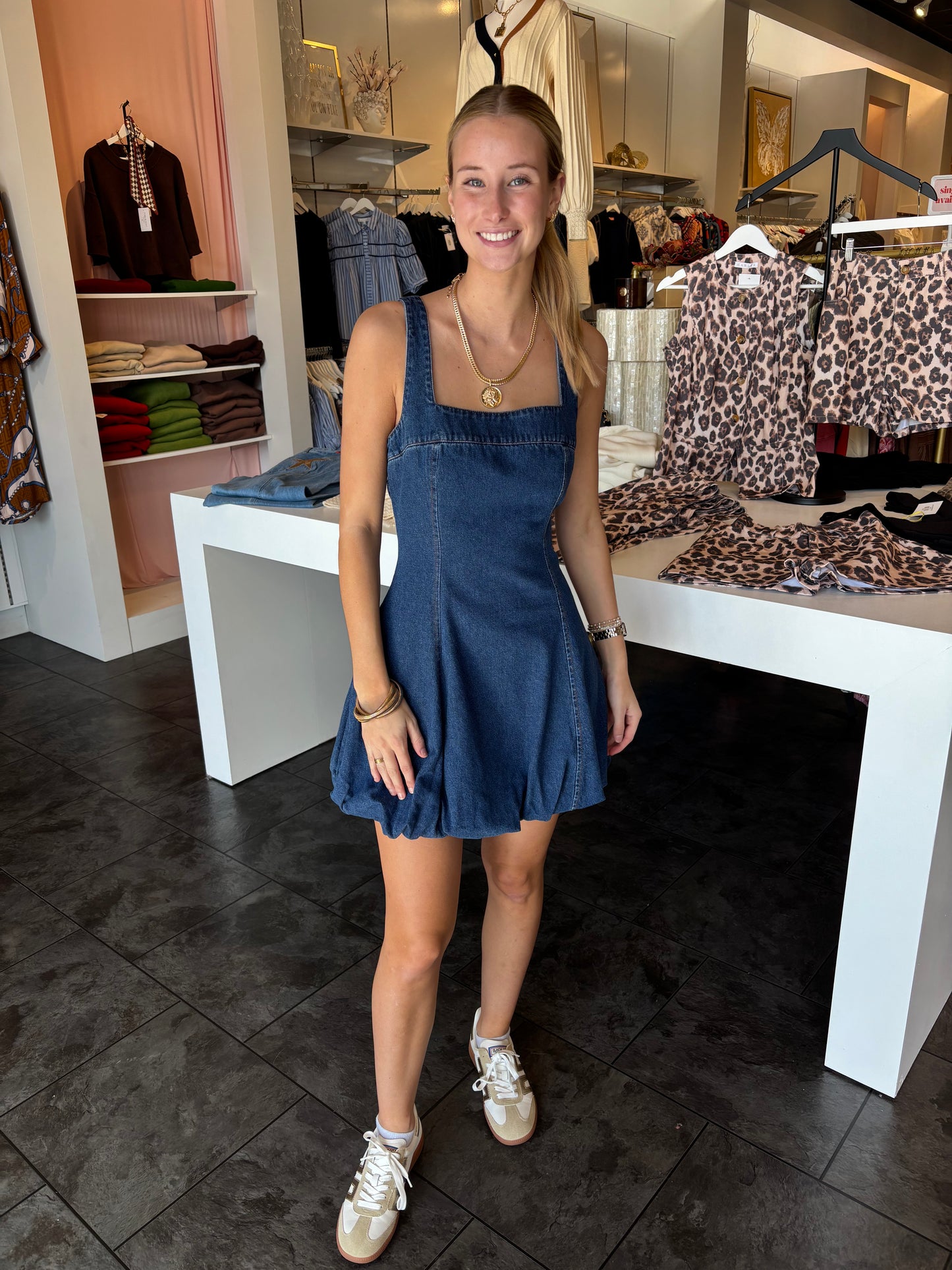 The Emily Dark Denim Square Neck Bubble Hem Dress